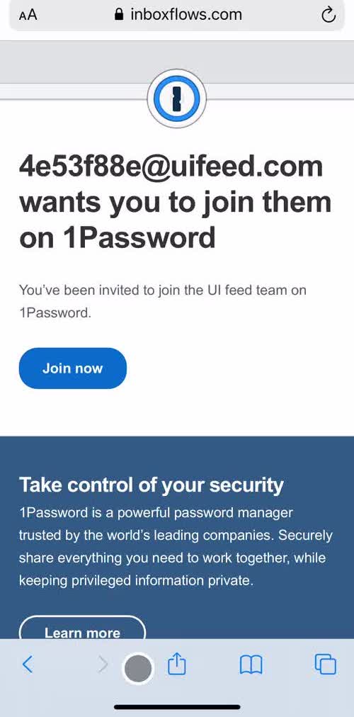 1password Invite email screen in the Accepting An Invite flow