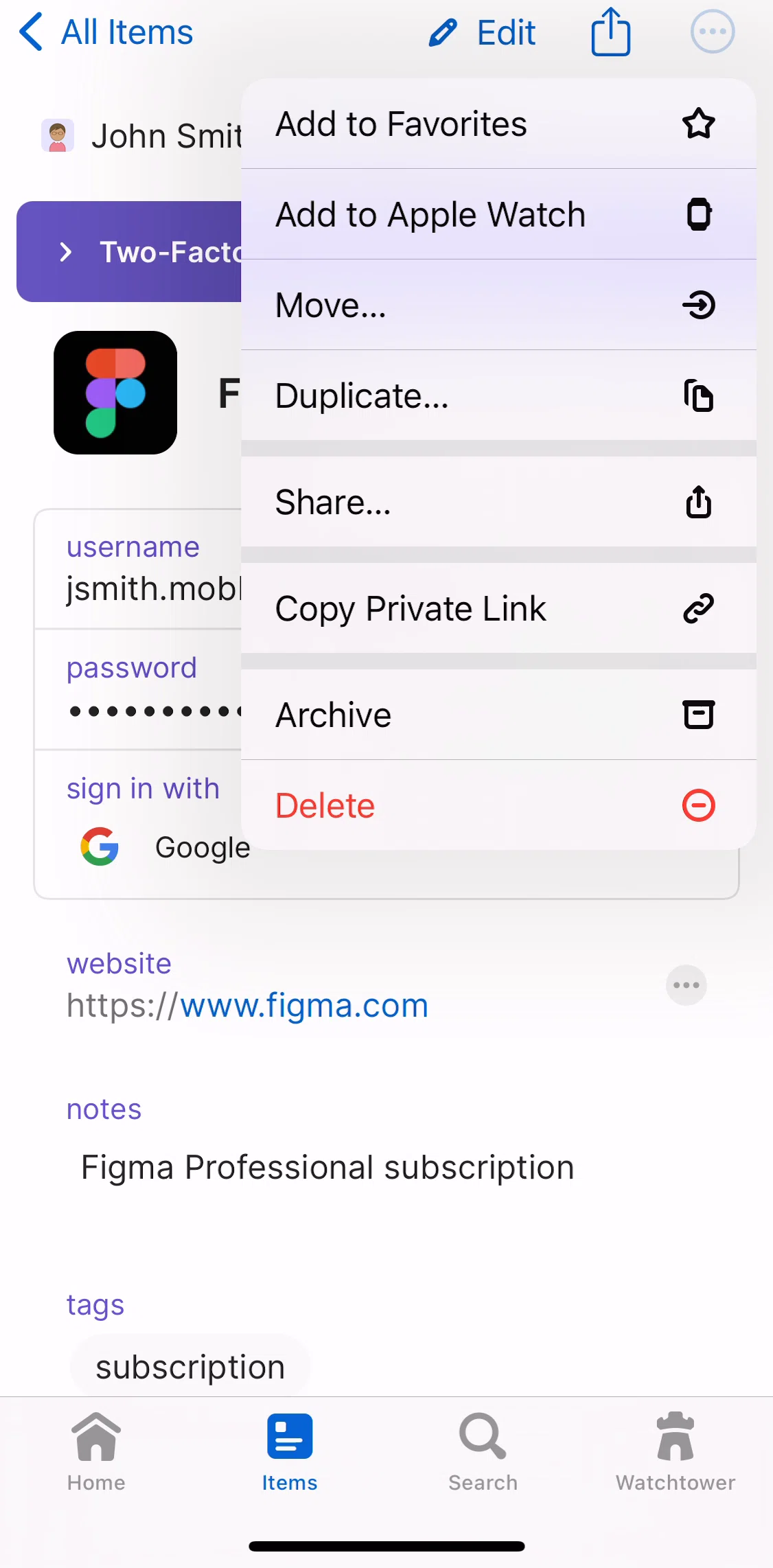 1password Screen screen in the Archiving an item flow