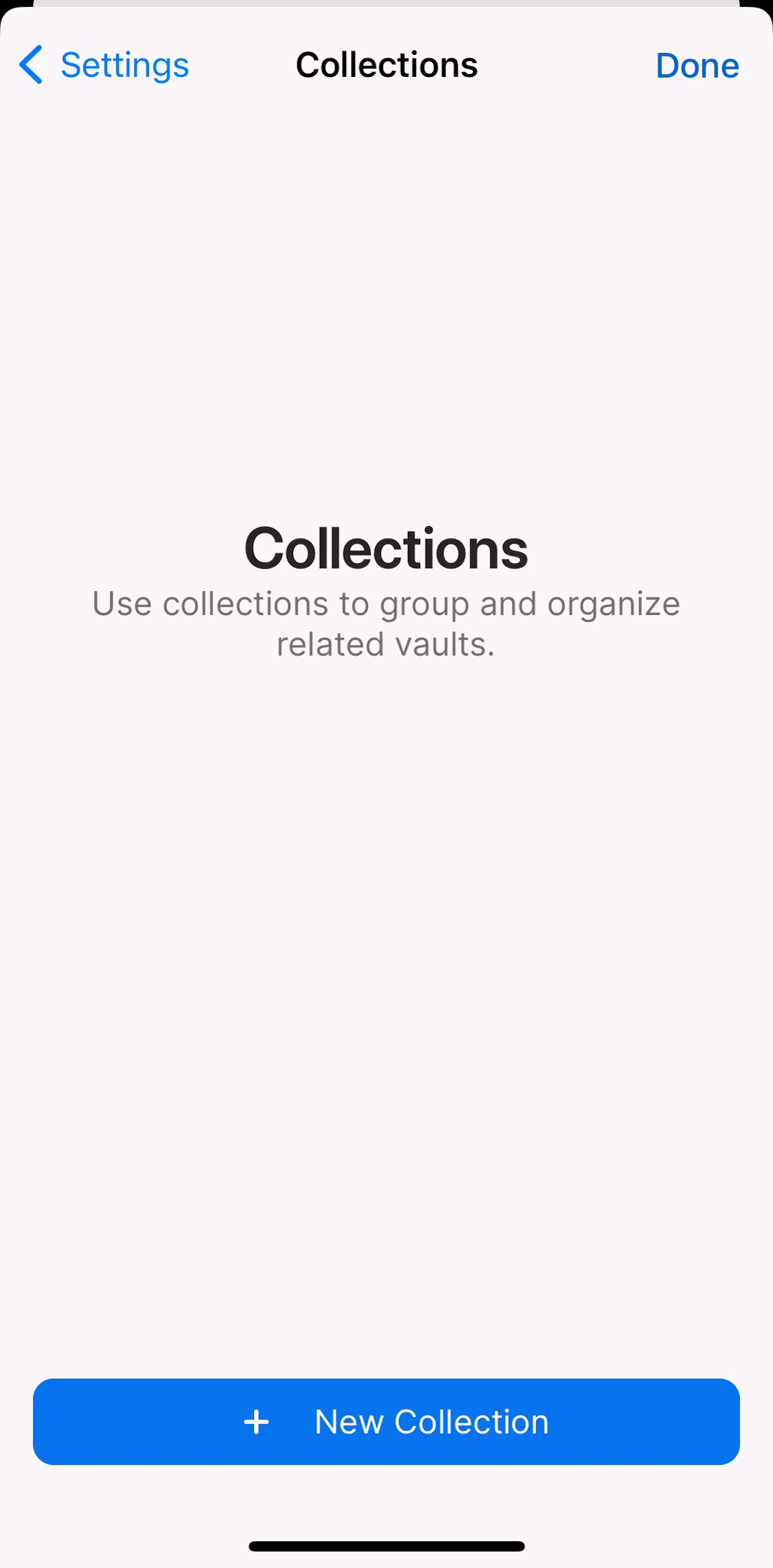 1password Screen screen in the Creating a new collection flow
