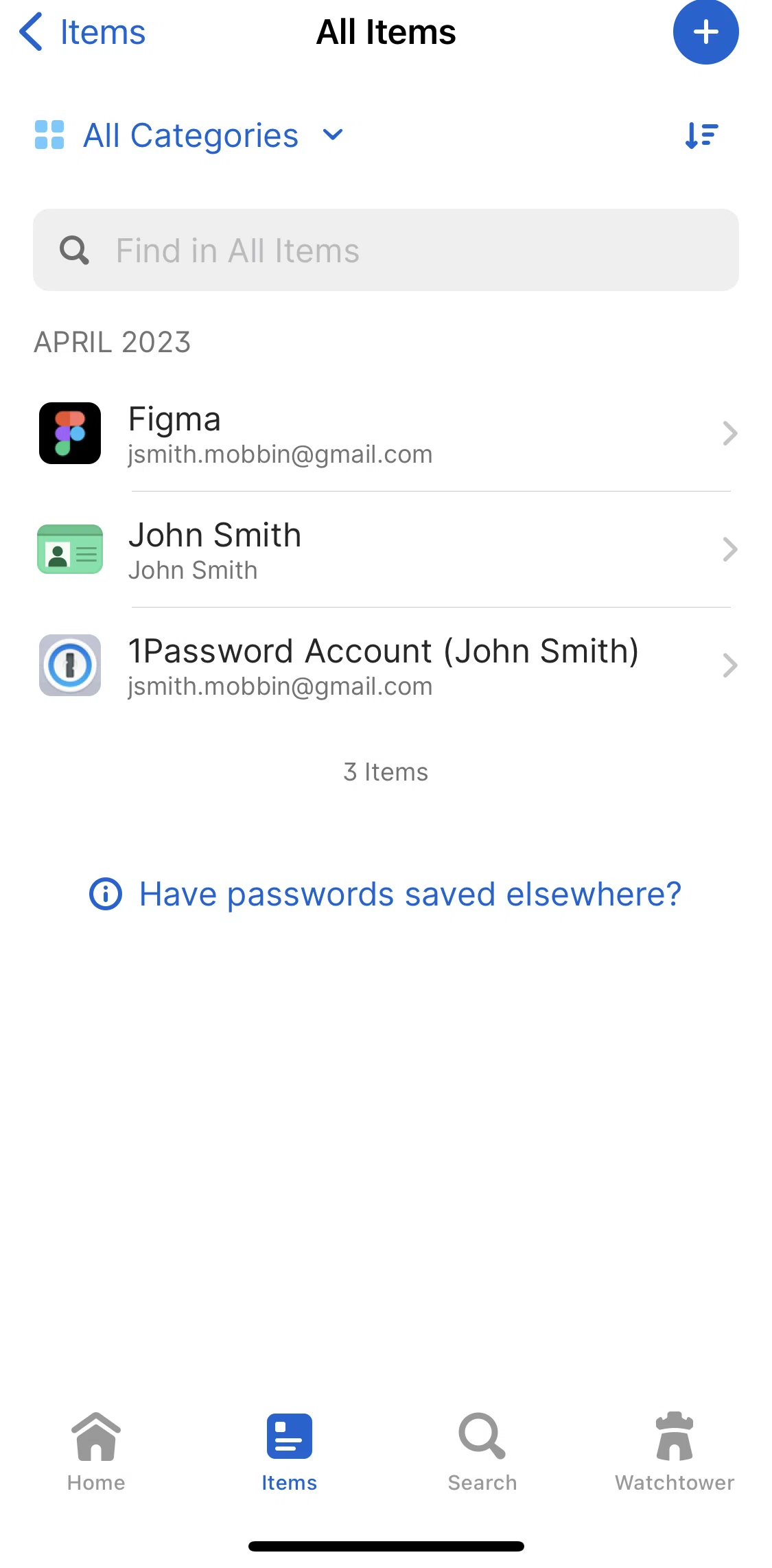 1password Screen screen in the Filtering items by category flow