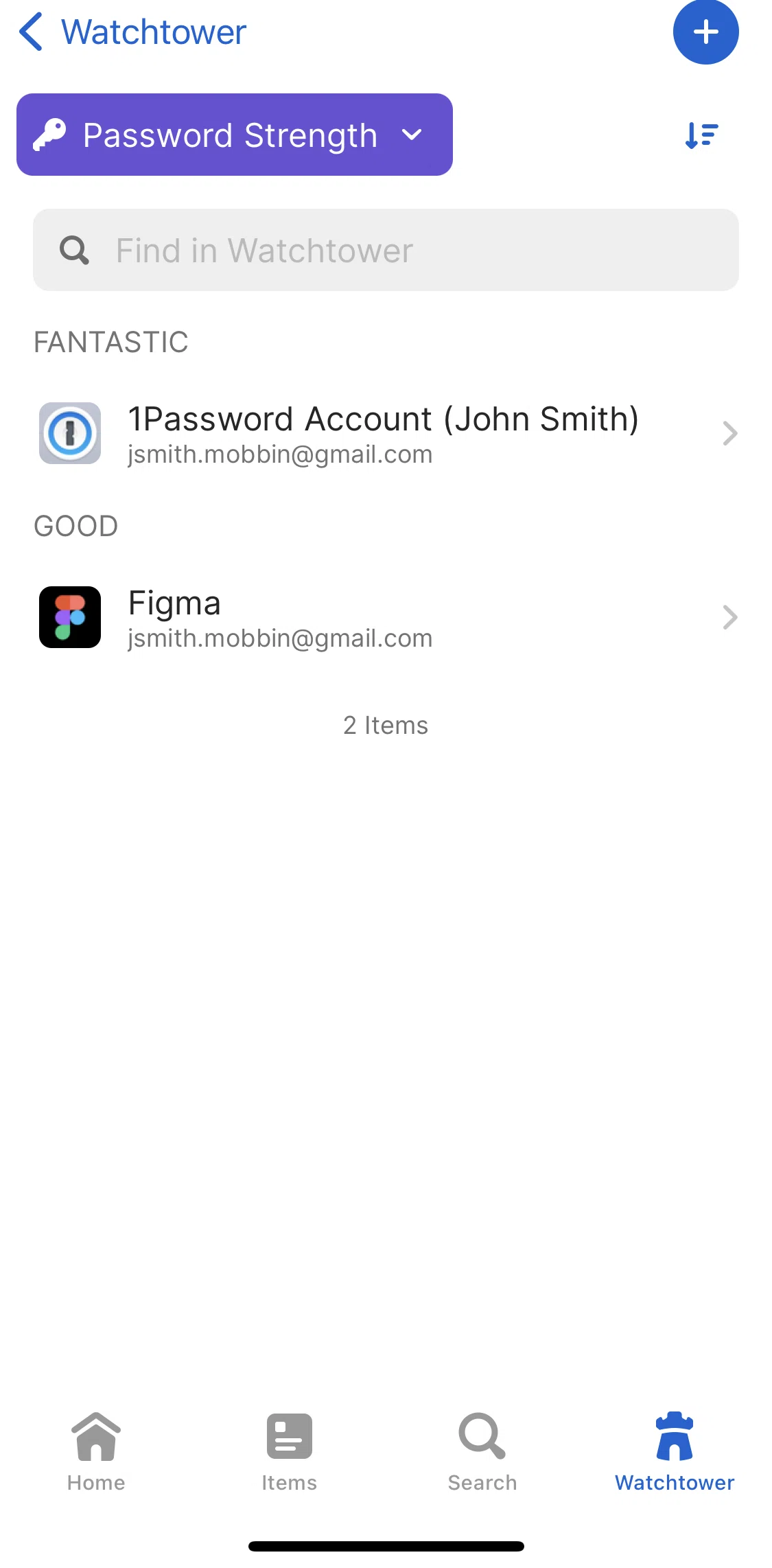 1password Screen screen in the Filtering Watchtower items flow