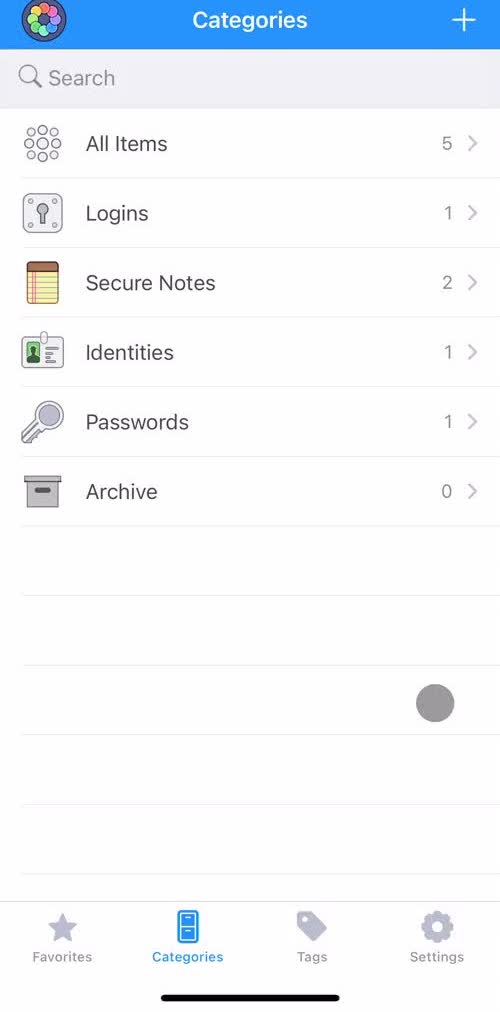 1password Categories screen in the General Browsing flow