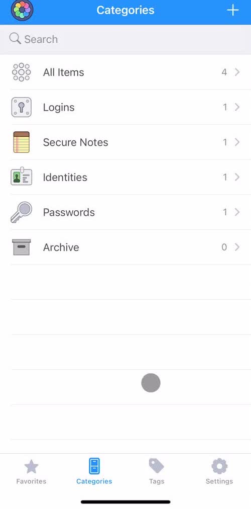 1password Categories screen in the Inviting People flow