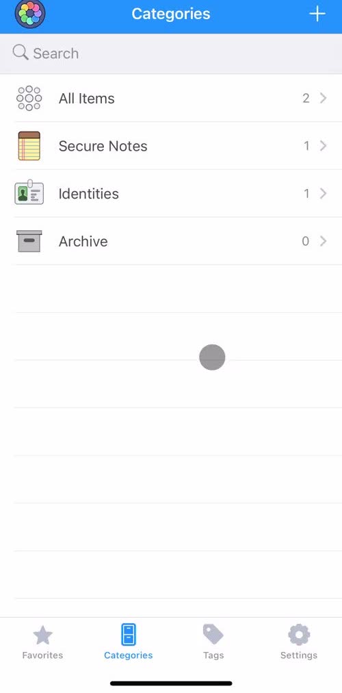 1password Categories screen in the Saving A Password flow