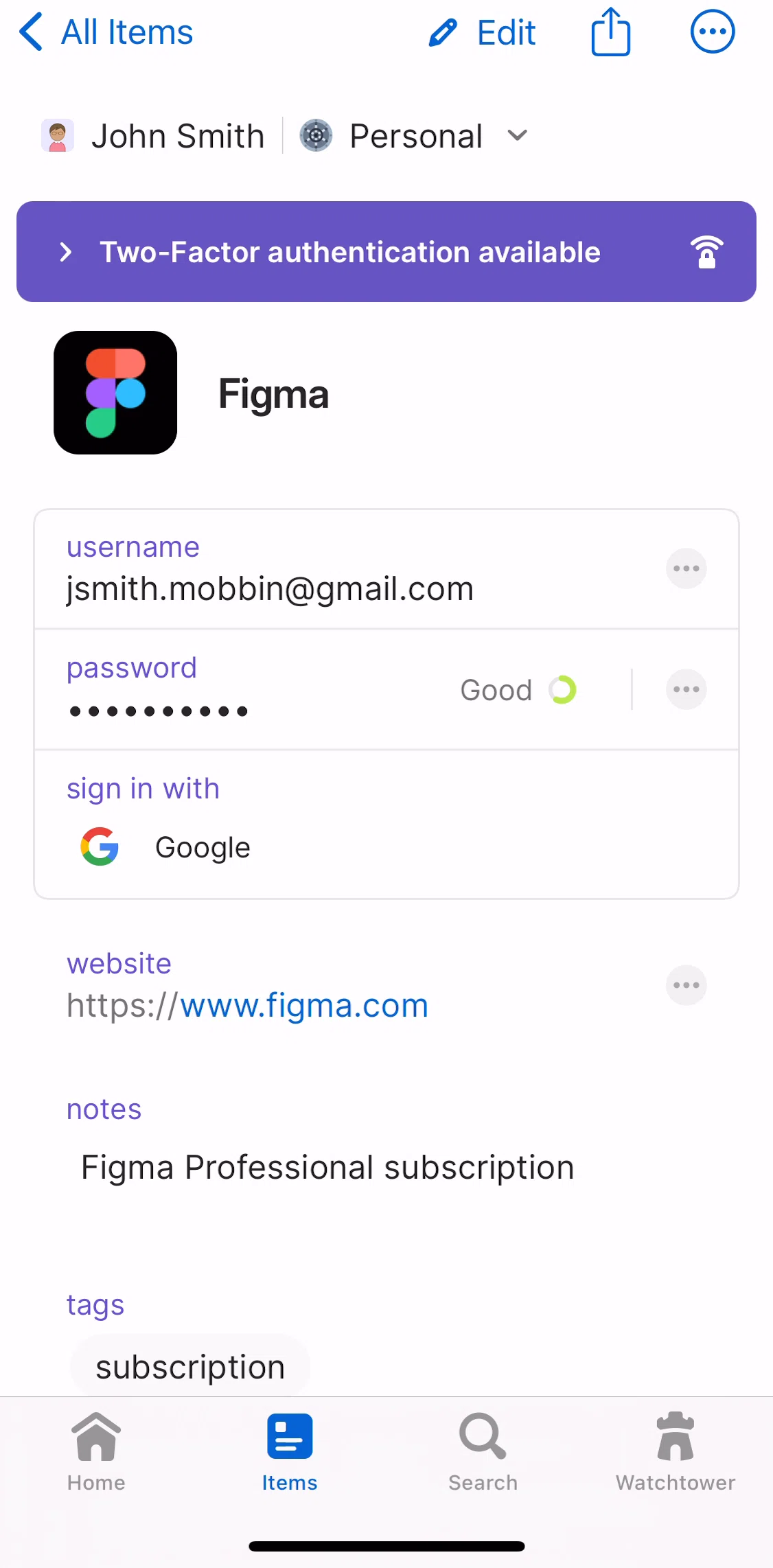 1password Screen screen in the Saving a two-factor authentication code flow