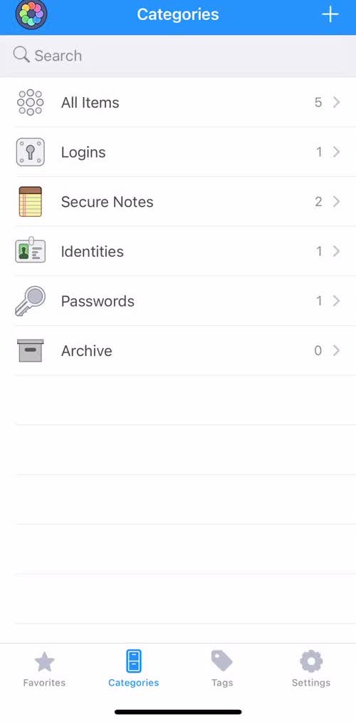1password Categories screen in the Searching flow