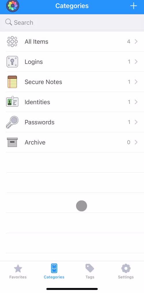 1password Categories screen in the Sharing flow