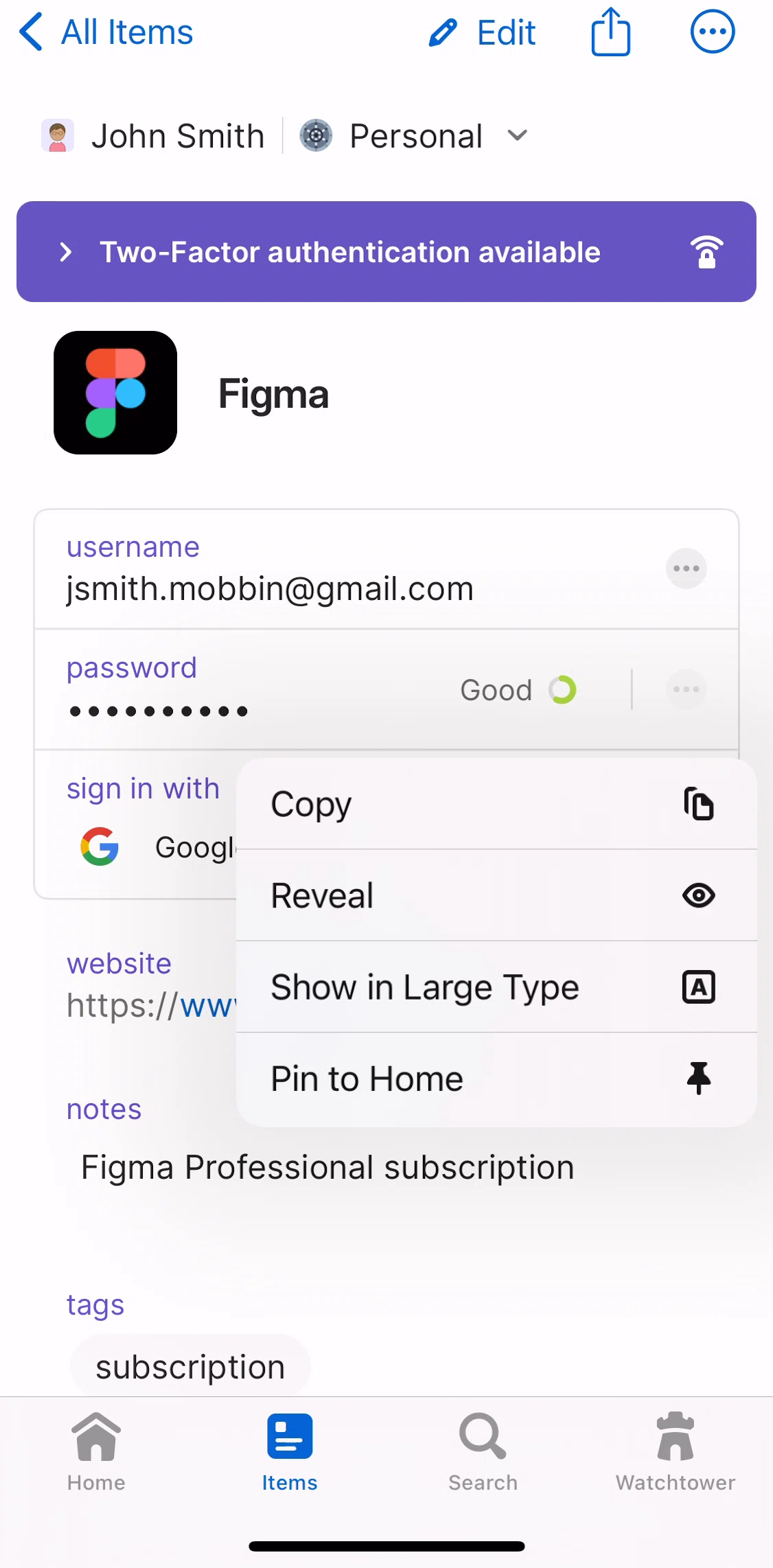 1password Screen screen in the Showing password in Large Type flow
