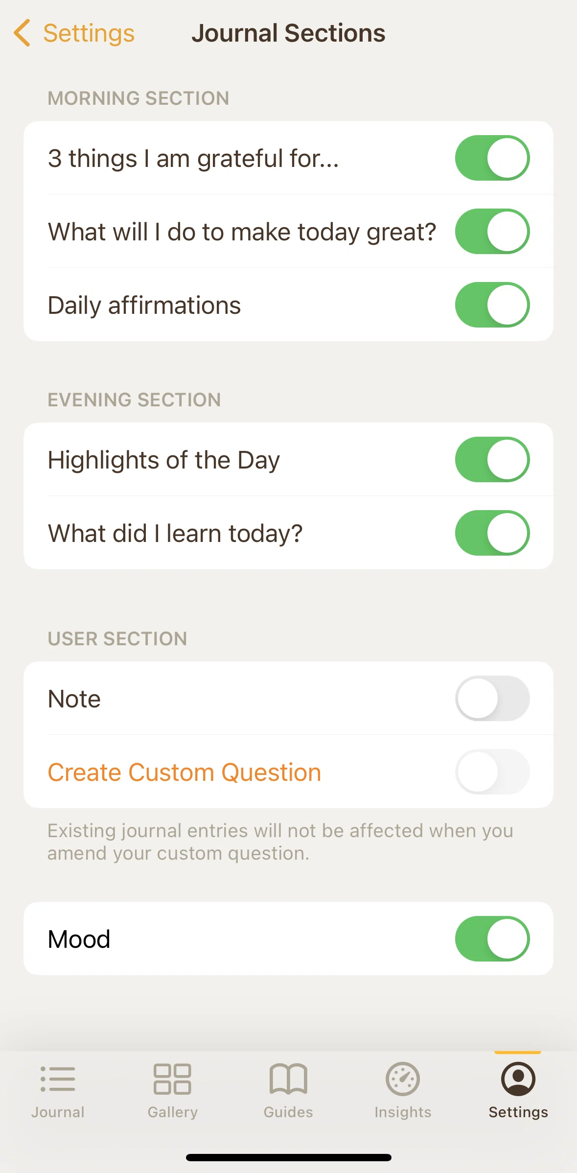 5 Minute Journal Screen screen in the Creating a custom question flow