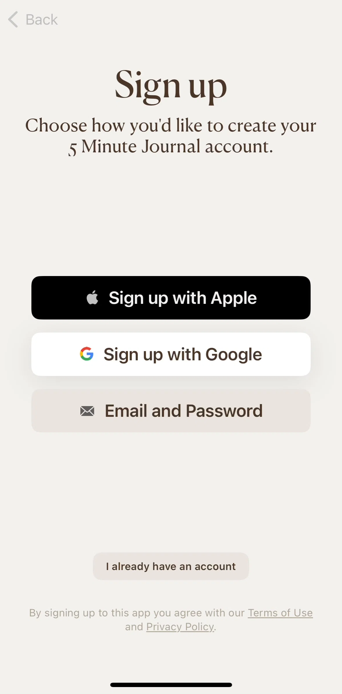 5 Minute Journal Screen screen in the Creating an account flow