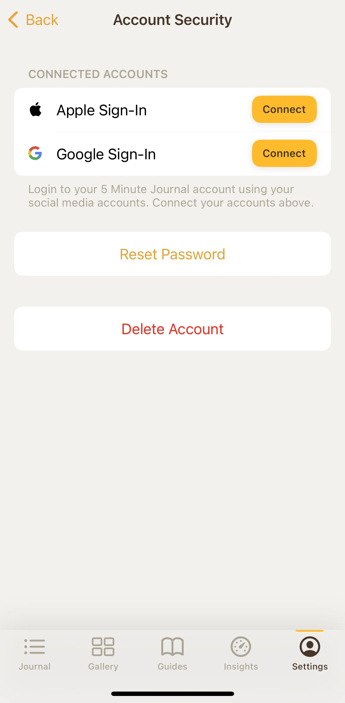 5 Minute Journal Screen screen in the Deleting my account flow