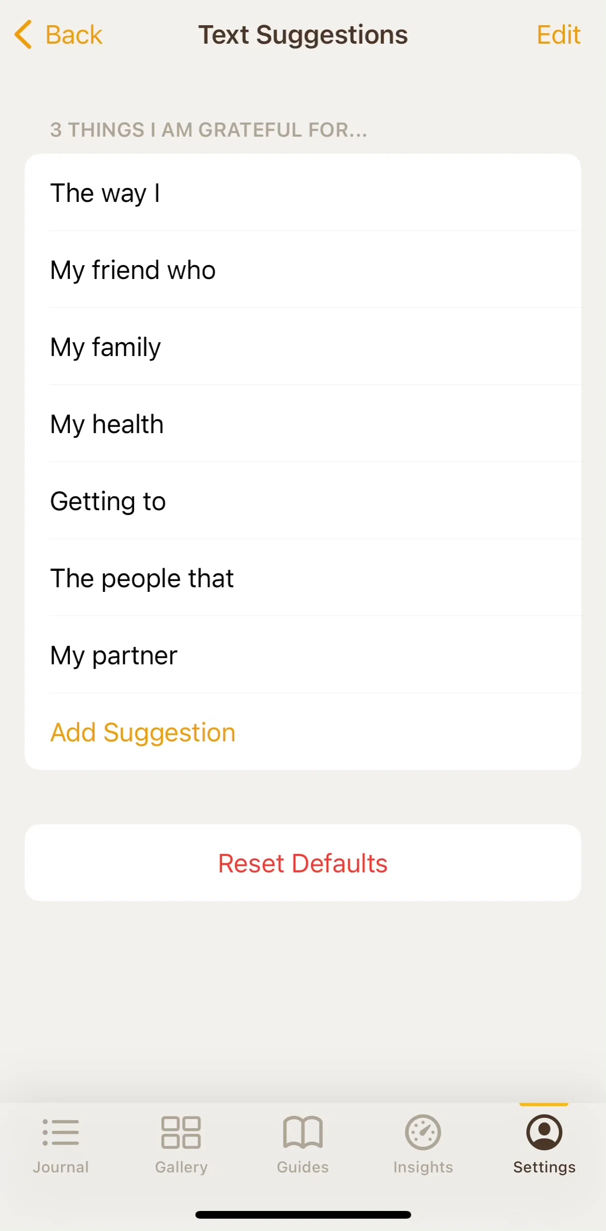 5 Minute Journal Screen screen in the Editing text suggestions flow