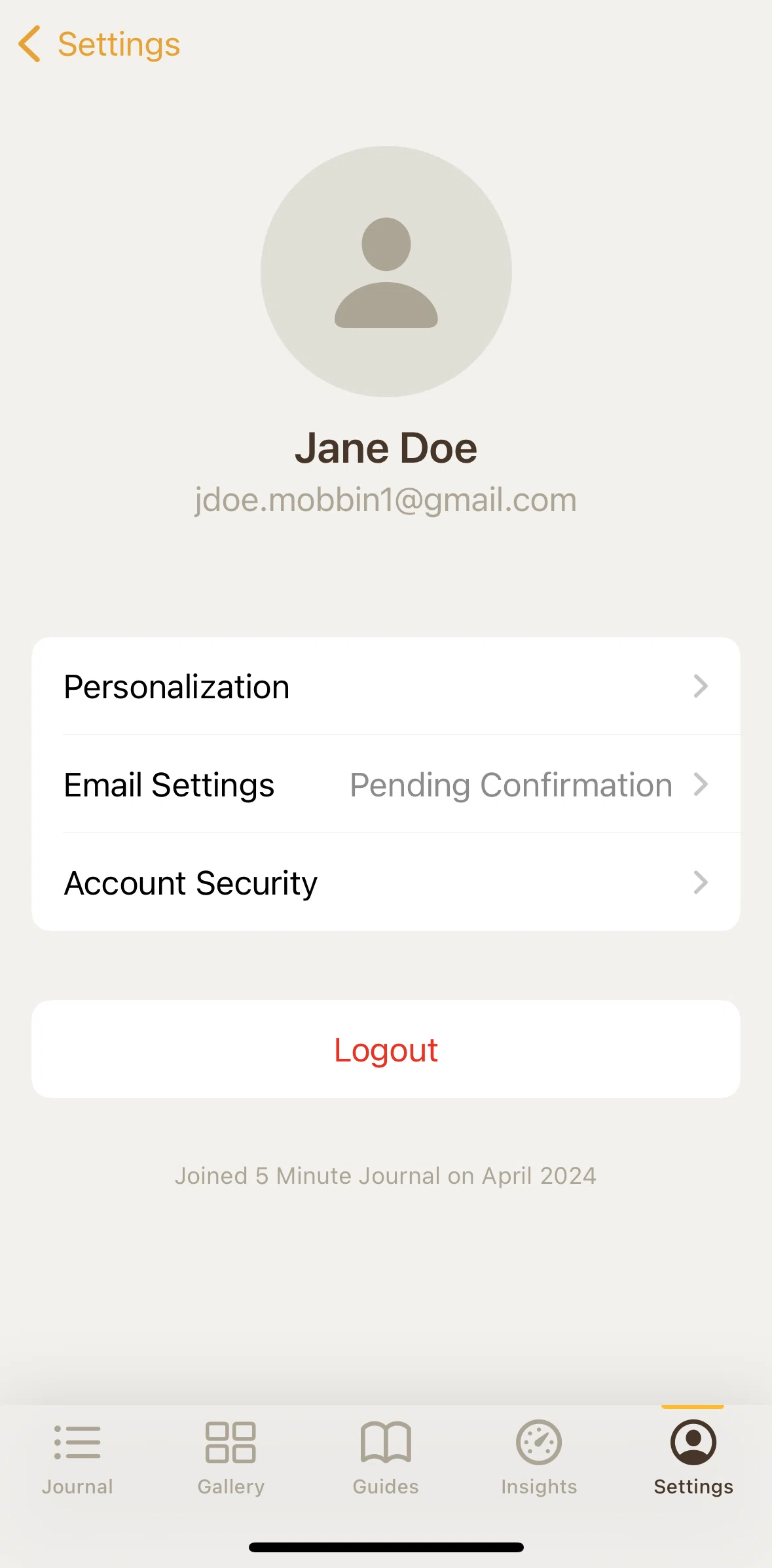 5 Minute Journal Screen screen in the Logging out flow