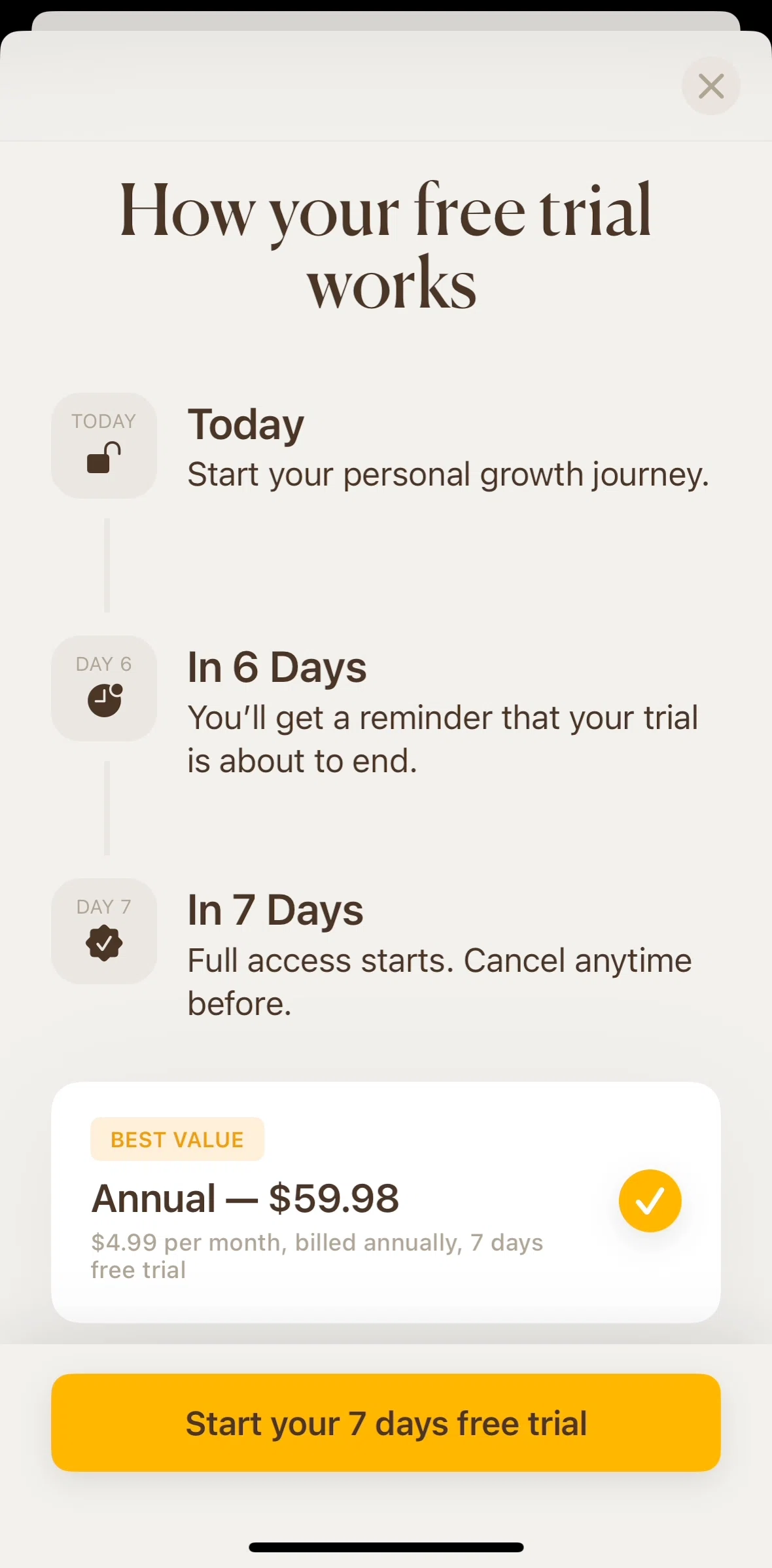 5 Minute Journal Screen screen in the Subscribing to 5 Minute Journal Premium flow