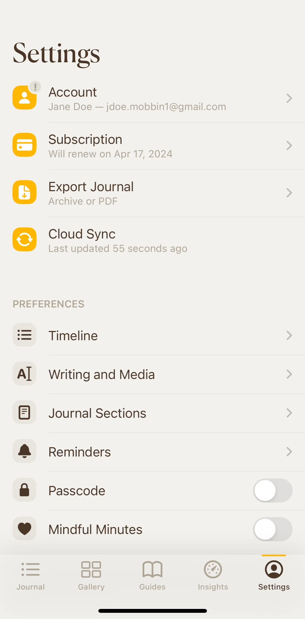 5 Minute Journal Screen screen in the Writing and media flow
