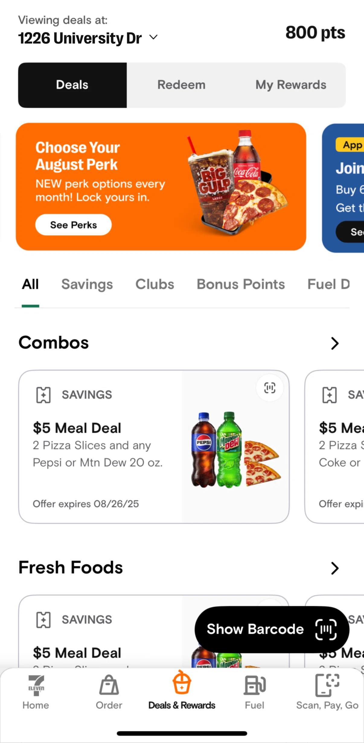 7-Eleven Screen screen in the Choosing a monthly perk flow