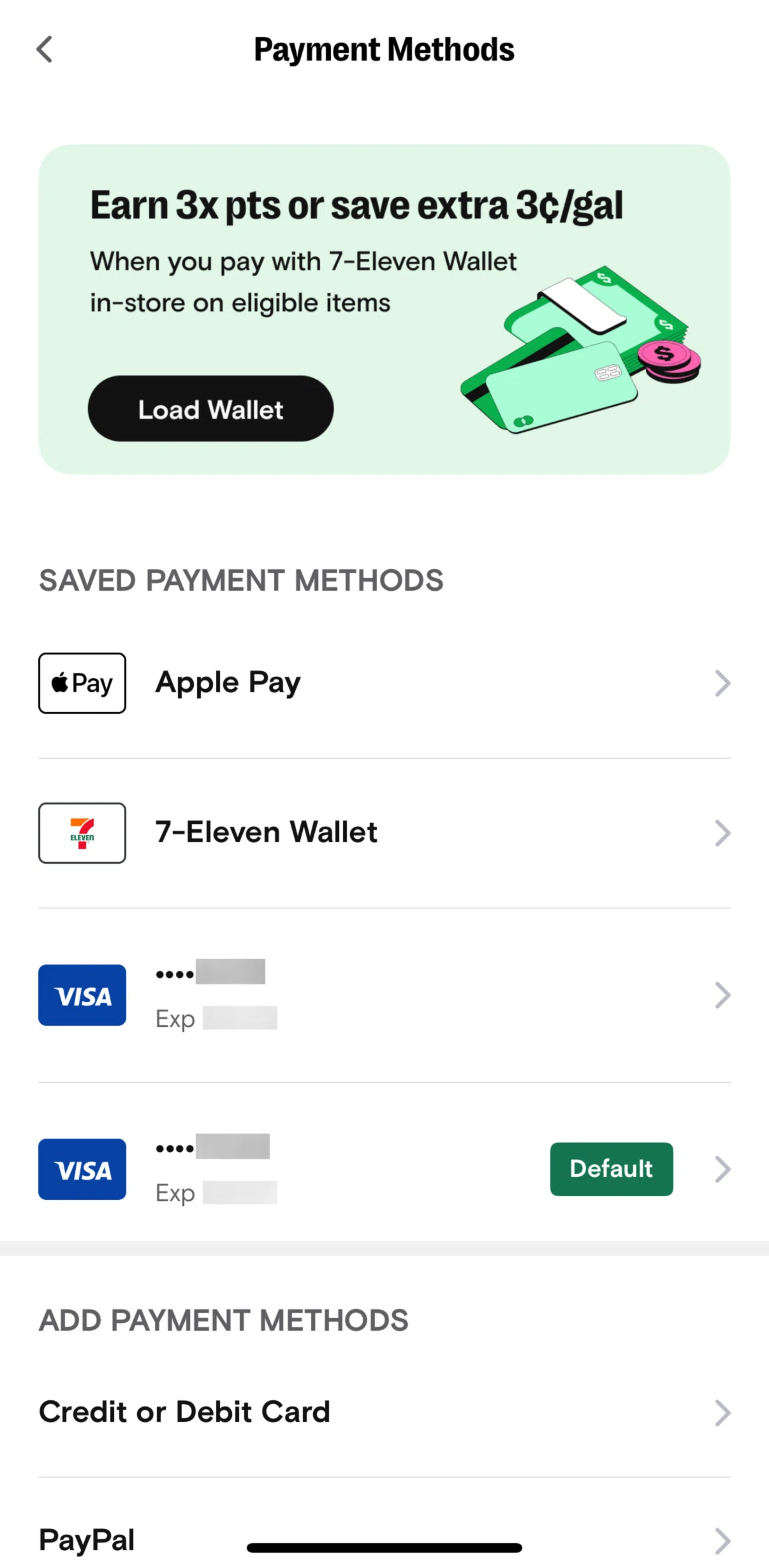 7-Eleven Screen screen in the Deleting a payment method flow
