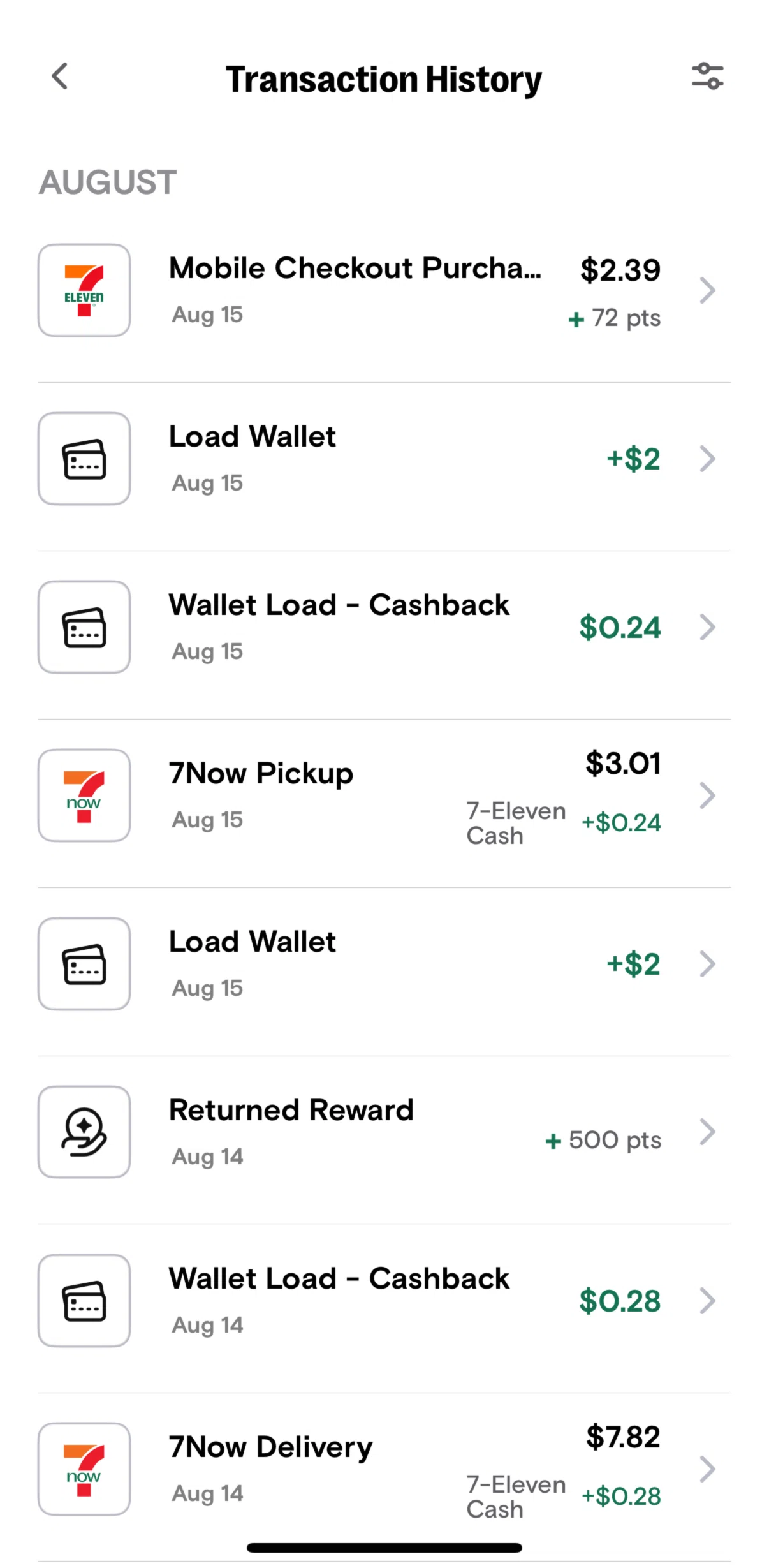 7-Eleven Screen screen in the Filtering transactions flow