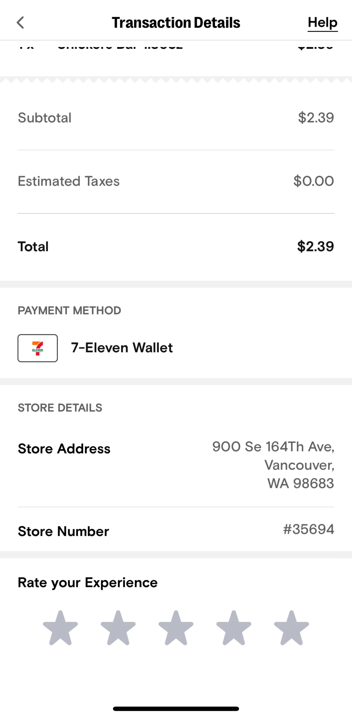 7-Eleven Screen screen in the Rating an experience flow