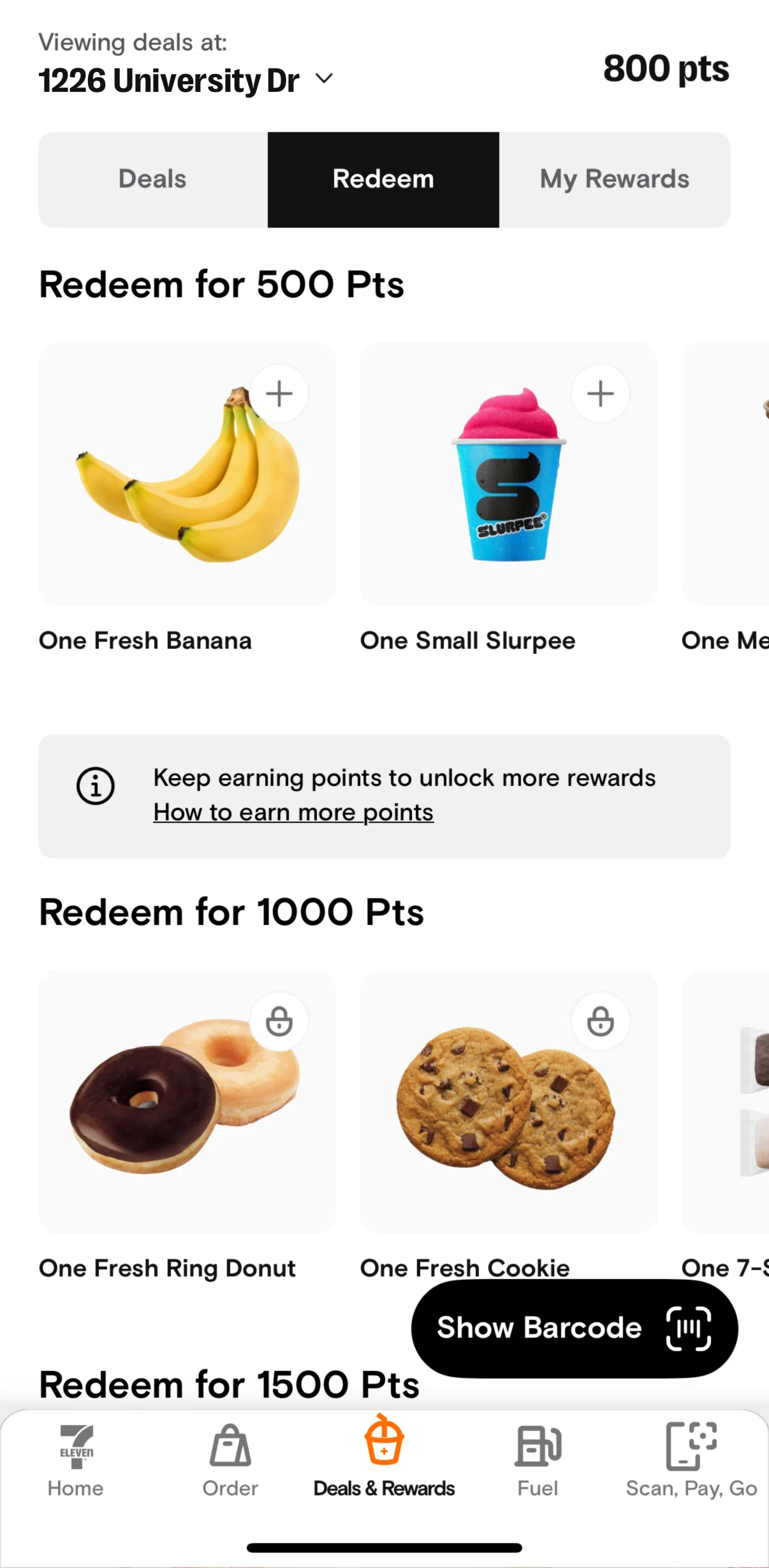 7-Eleven Screen screen in the Redeeming a reward flow