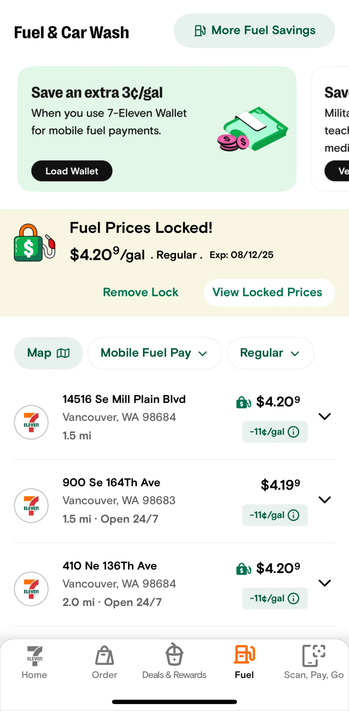 7-Eleven Screen screen in the Switching to map view (fuel) flow