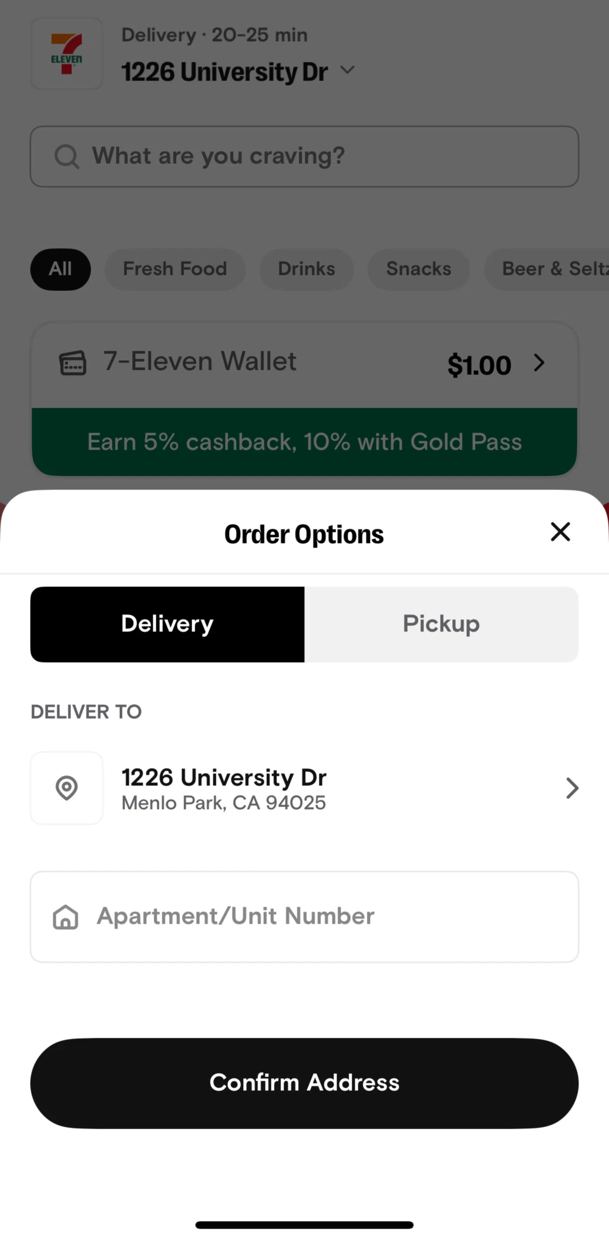 7-Eleven Screen screen in the Switching to pickup order flow