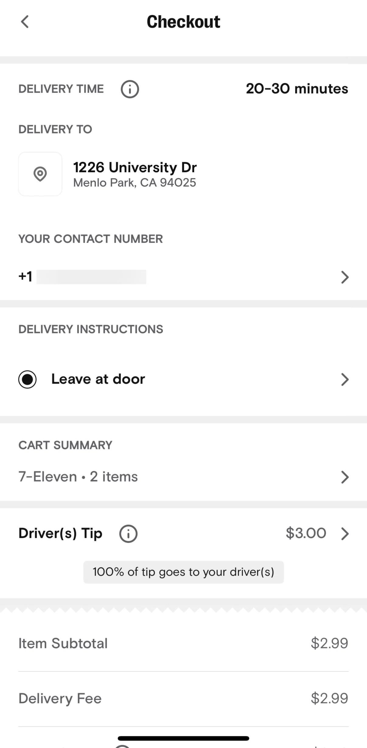 7-Eleven Screen screen in the Updating delivery instructions flow
