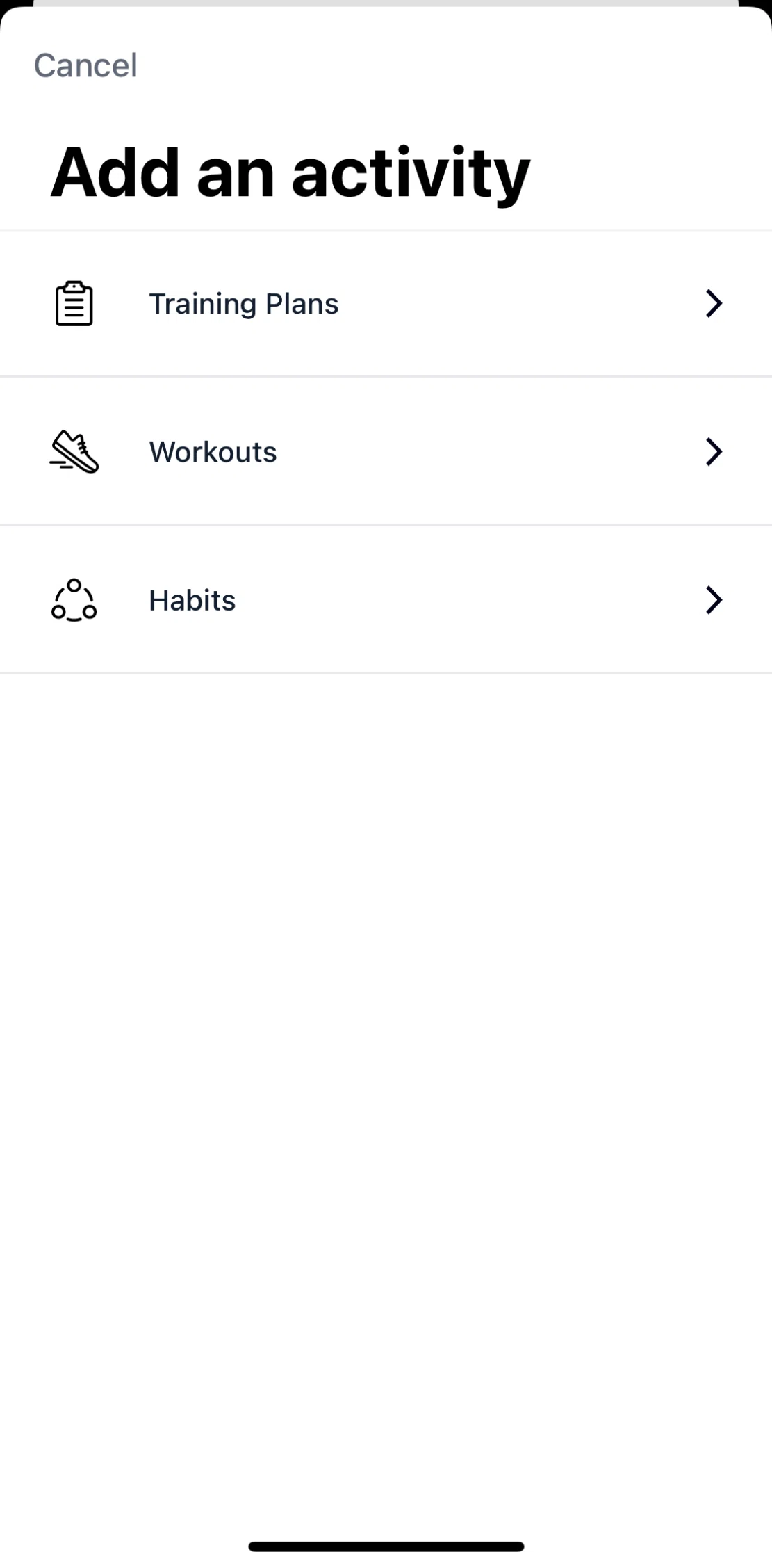 Aaptiv Screen screen in the Adding an activity (Habits) flow