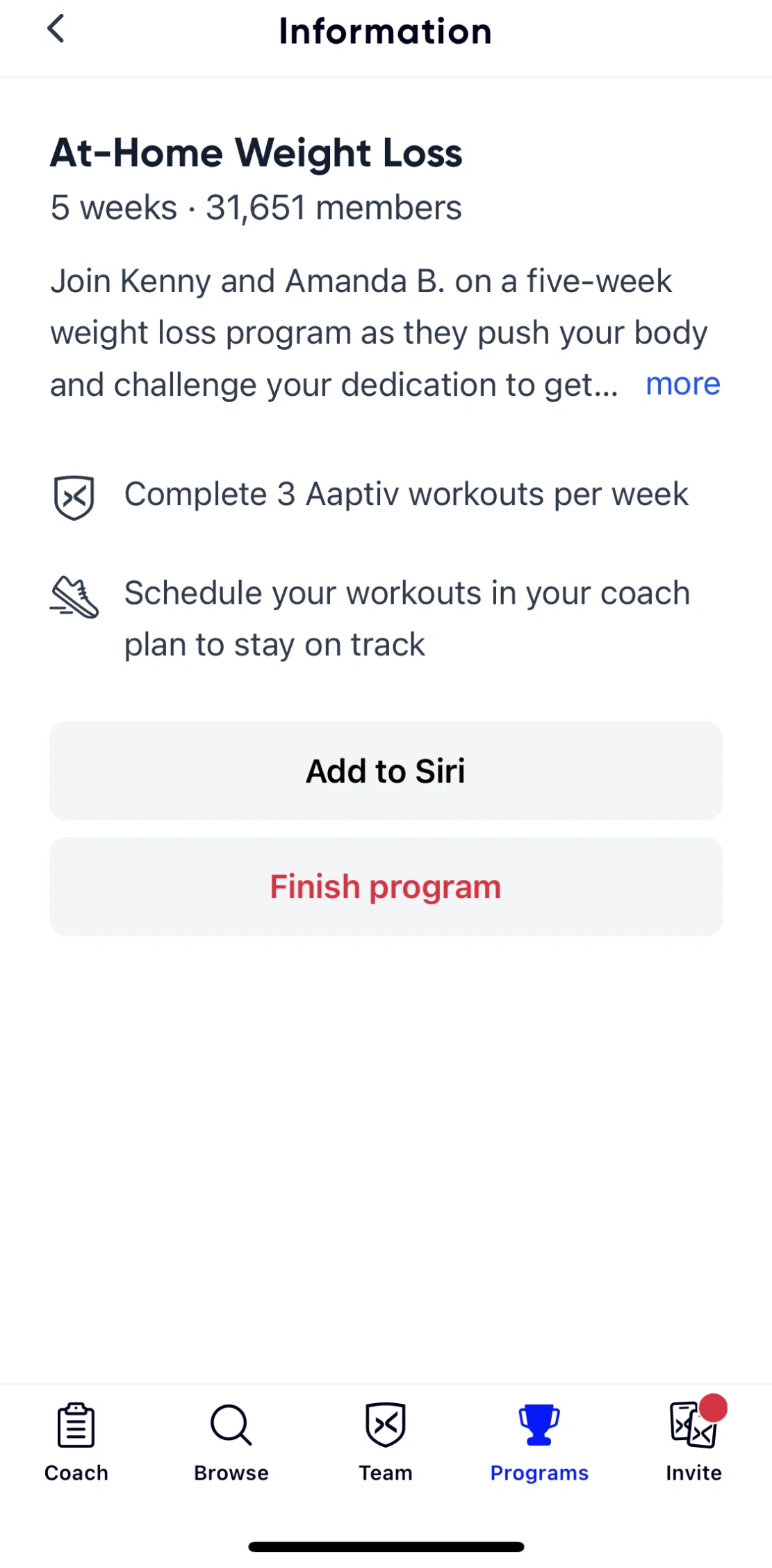 Aaptiv Screen screen in the Adding program to Siri flow
