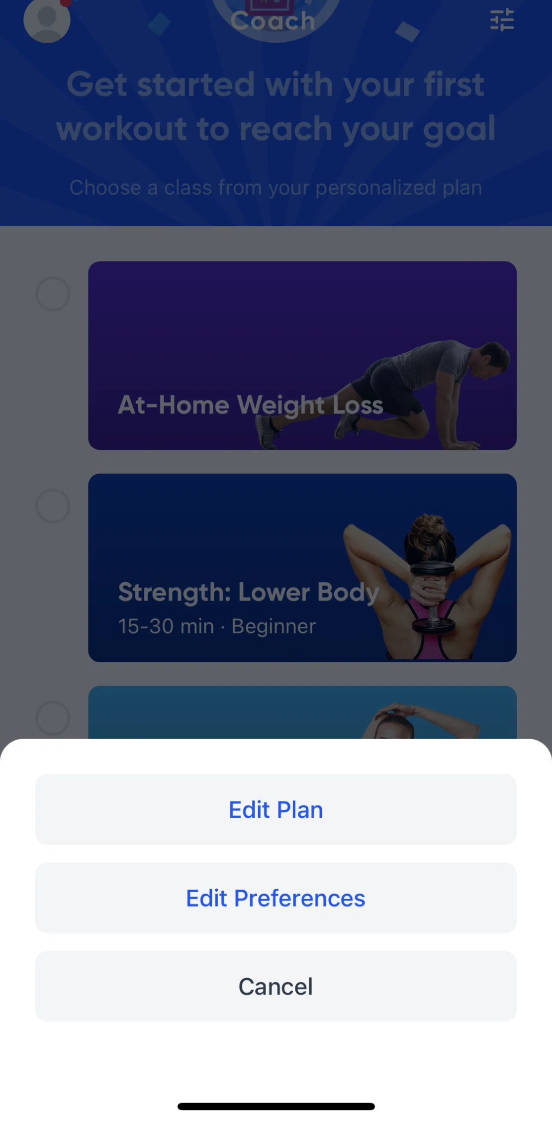 Aaptiv Screen screen in the Editing preferences flow