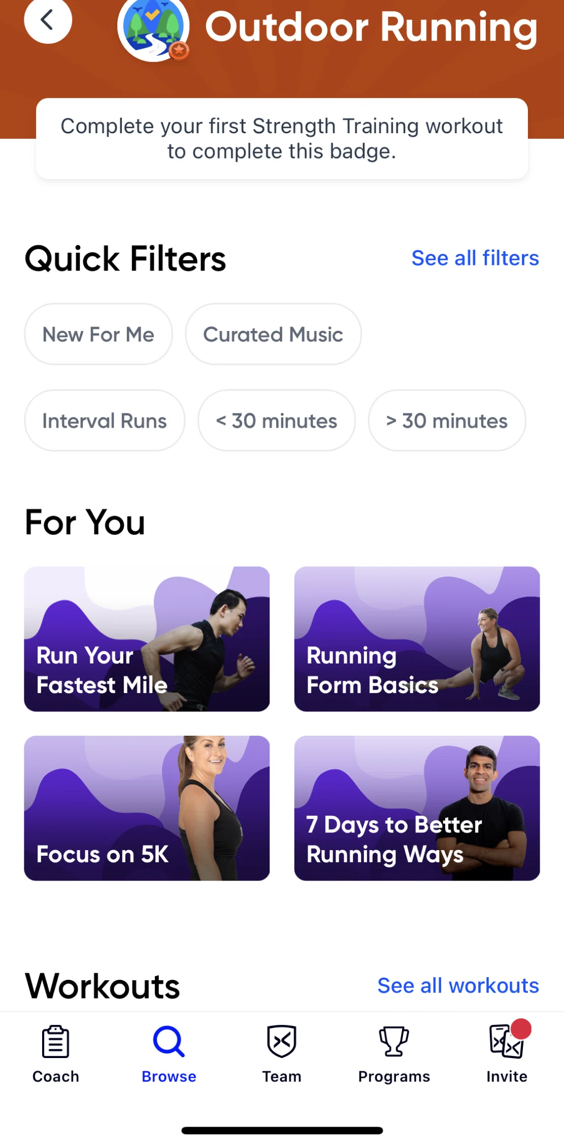 Aaptiv Screen screen in the Filtering a category flow
