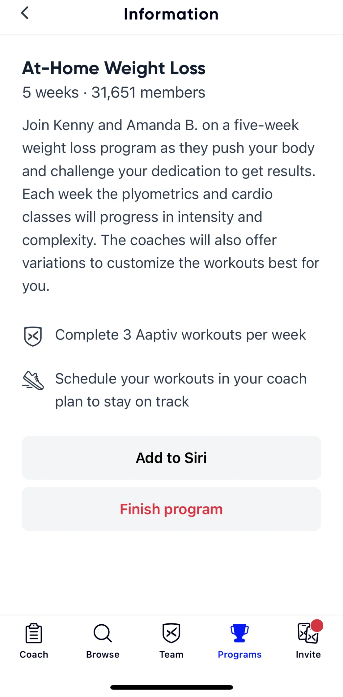Aaptiv Screen screen in the Finishing a program flow