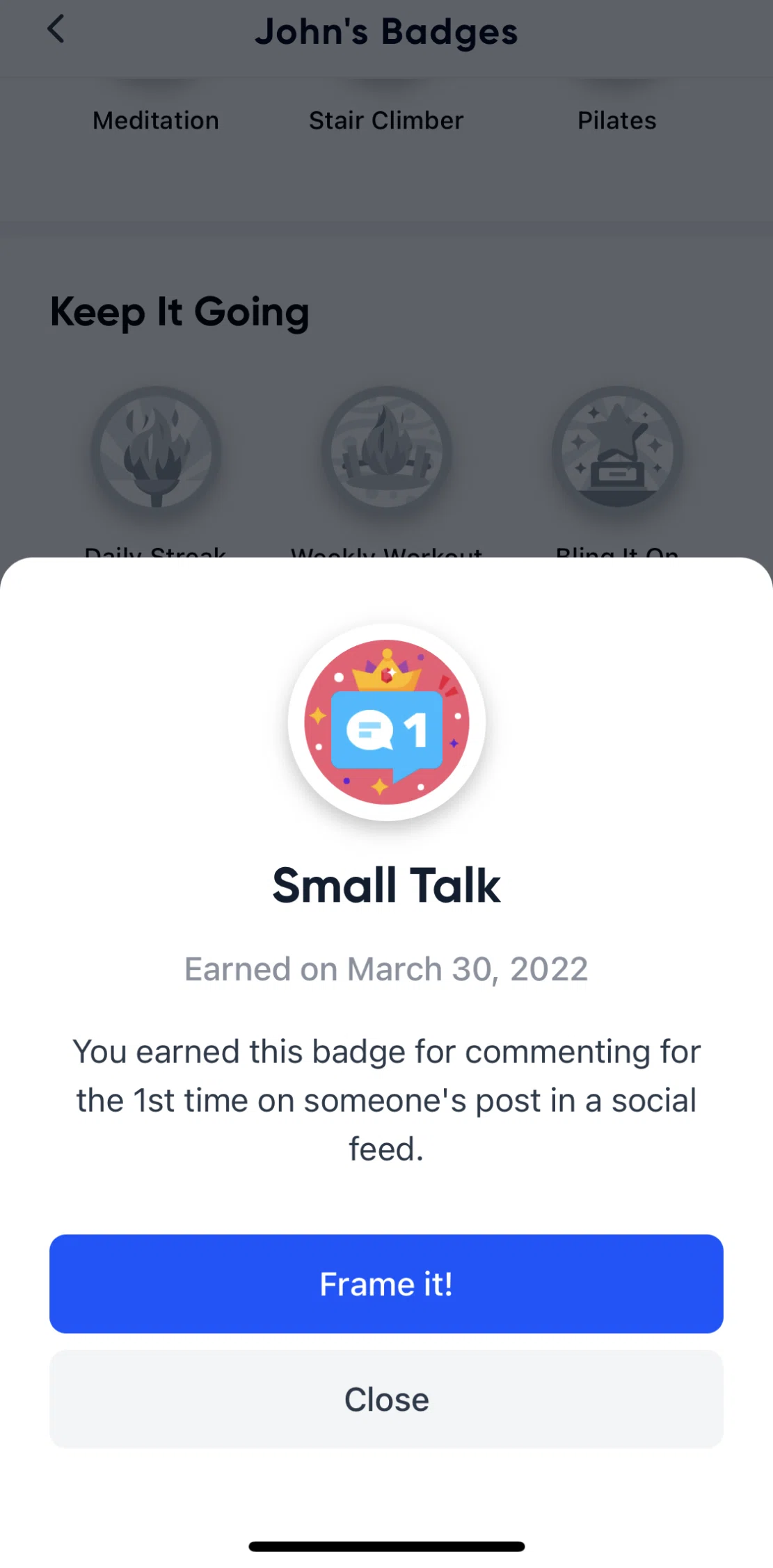 Aaptiv Screen screen in the Framing a badge flow