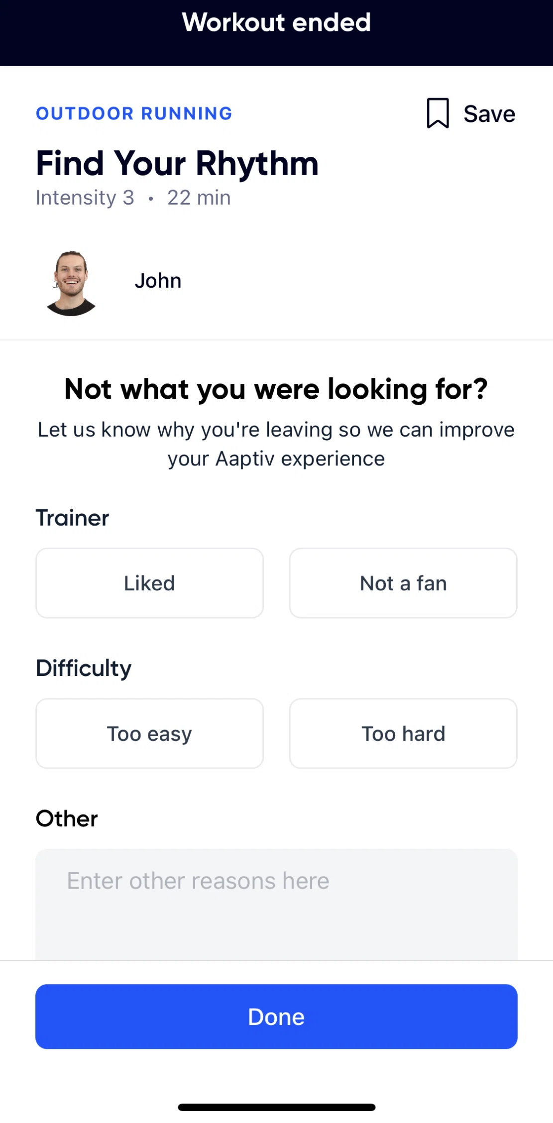 Aaptiv Screen screen in the Giving a post-workout feedback flow