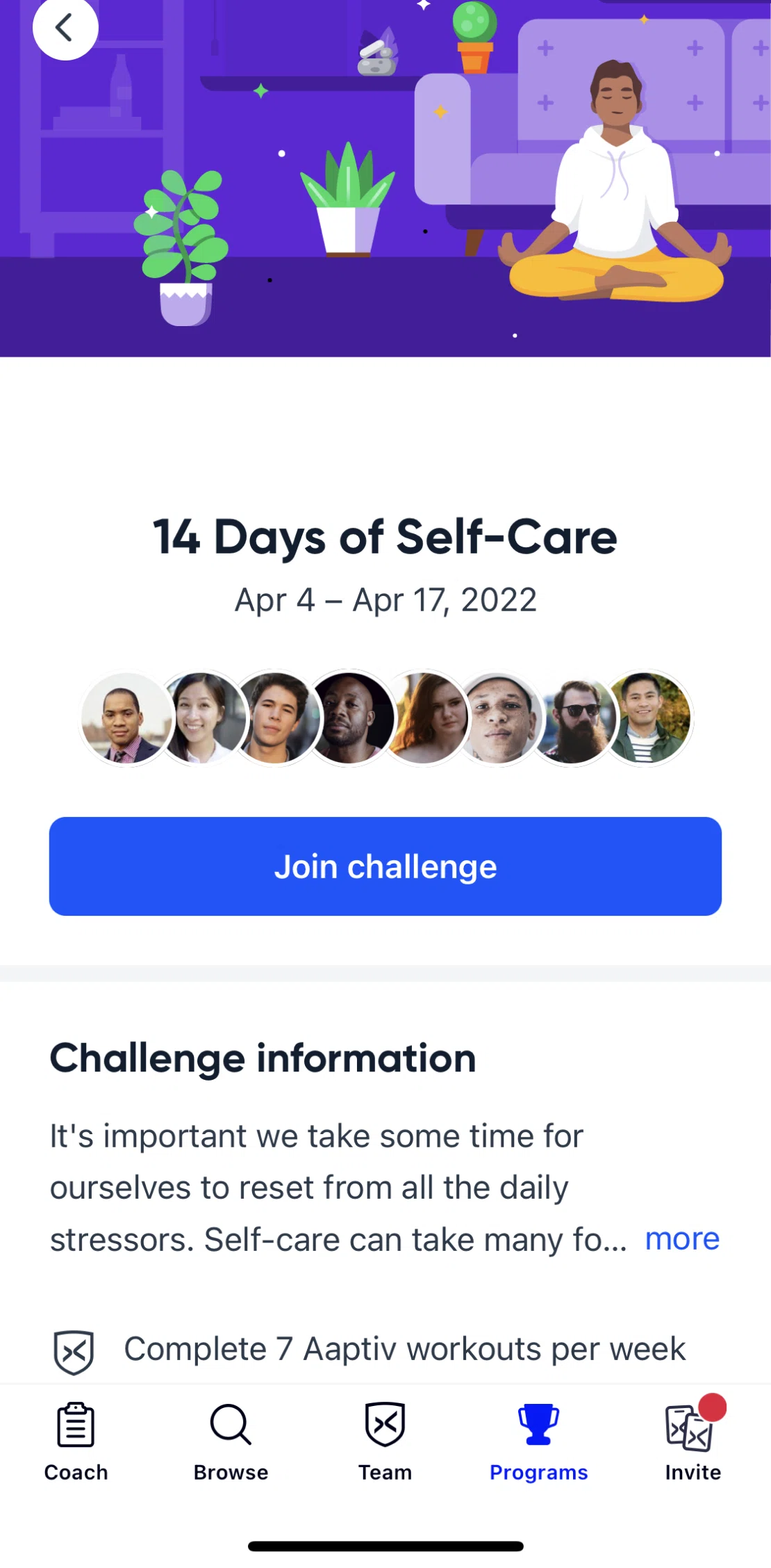 Aaptiv Screen screen in the Joining a challenge flow