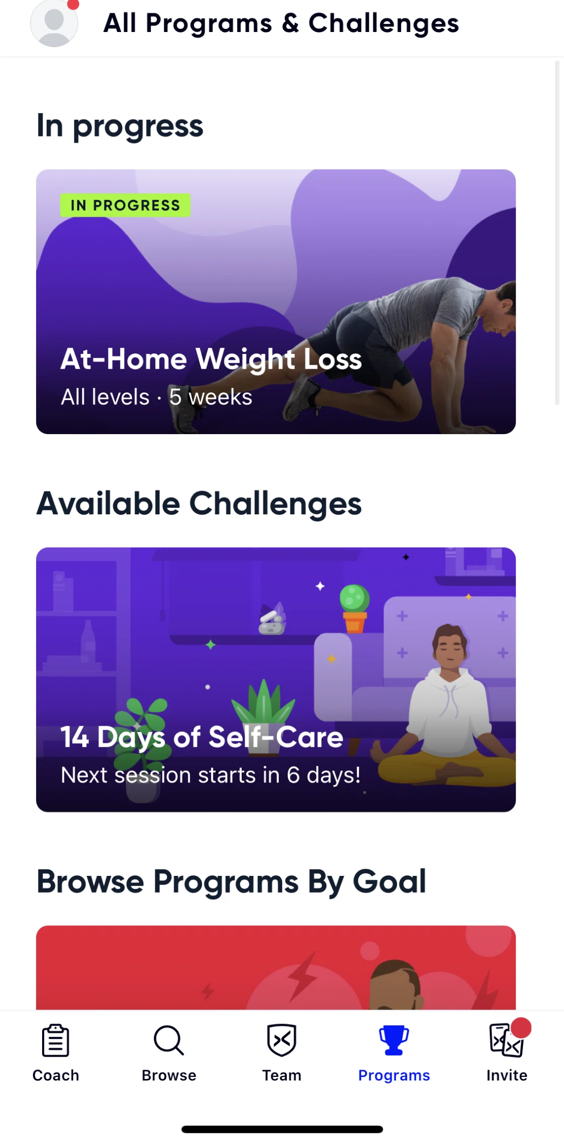 Aaptiv Screen screen in the Programs flow