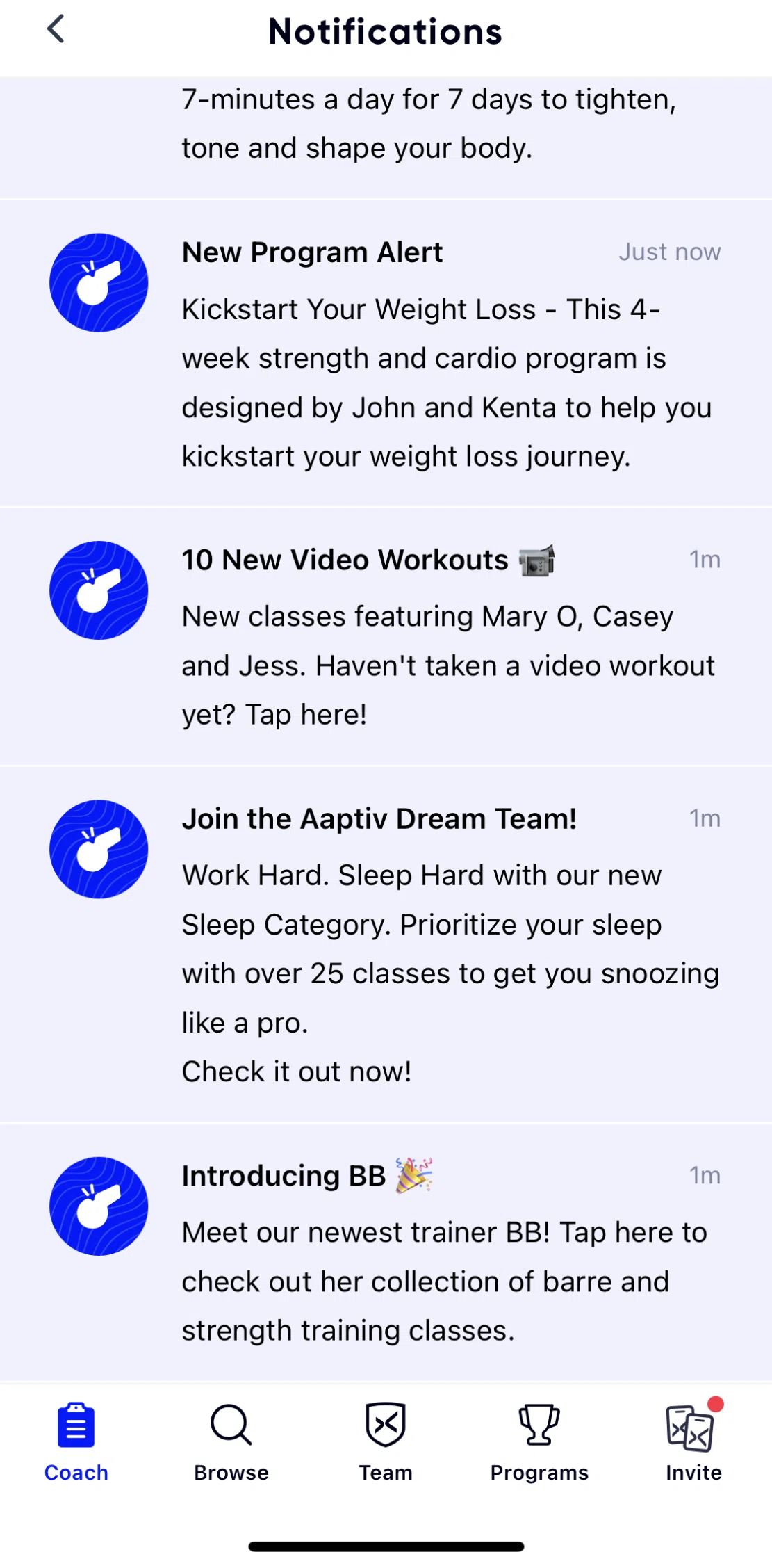 Aaptiv Screen screen in the Reading a notification flow