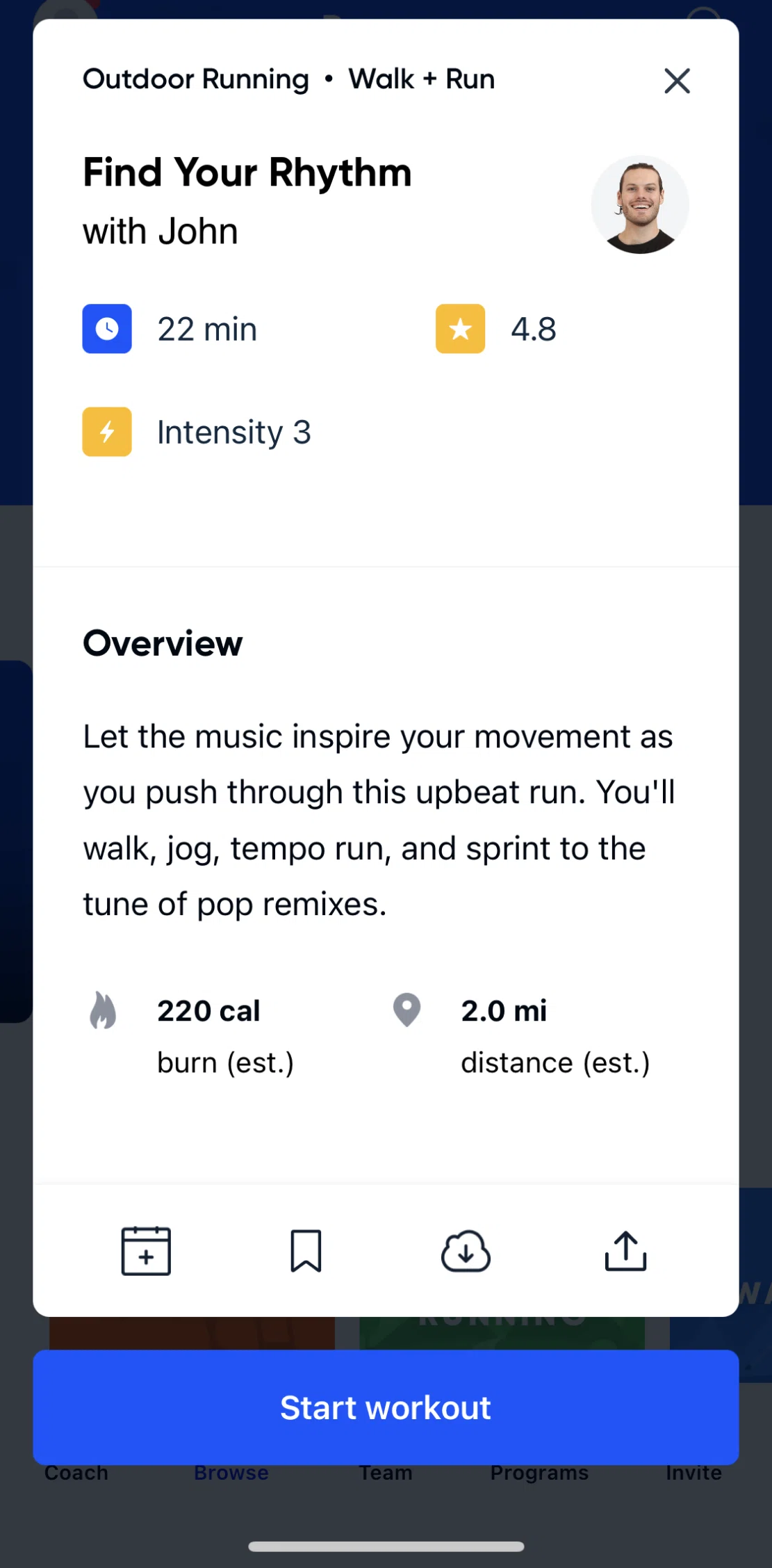 Aaptiv Screen screen in the Saving a workout to favorites flow
