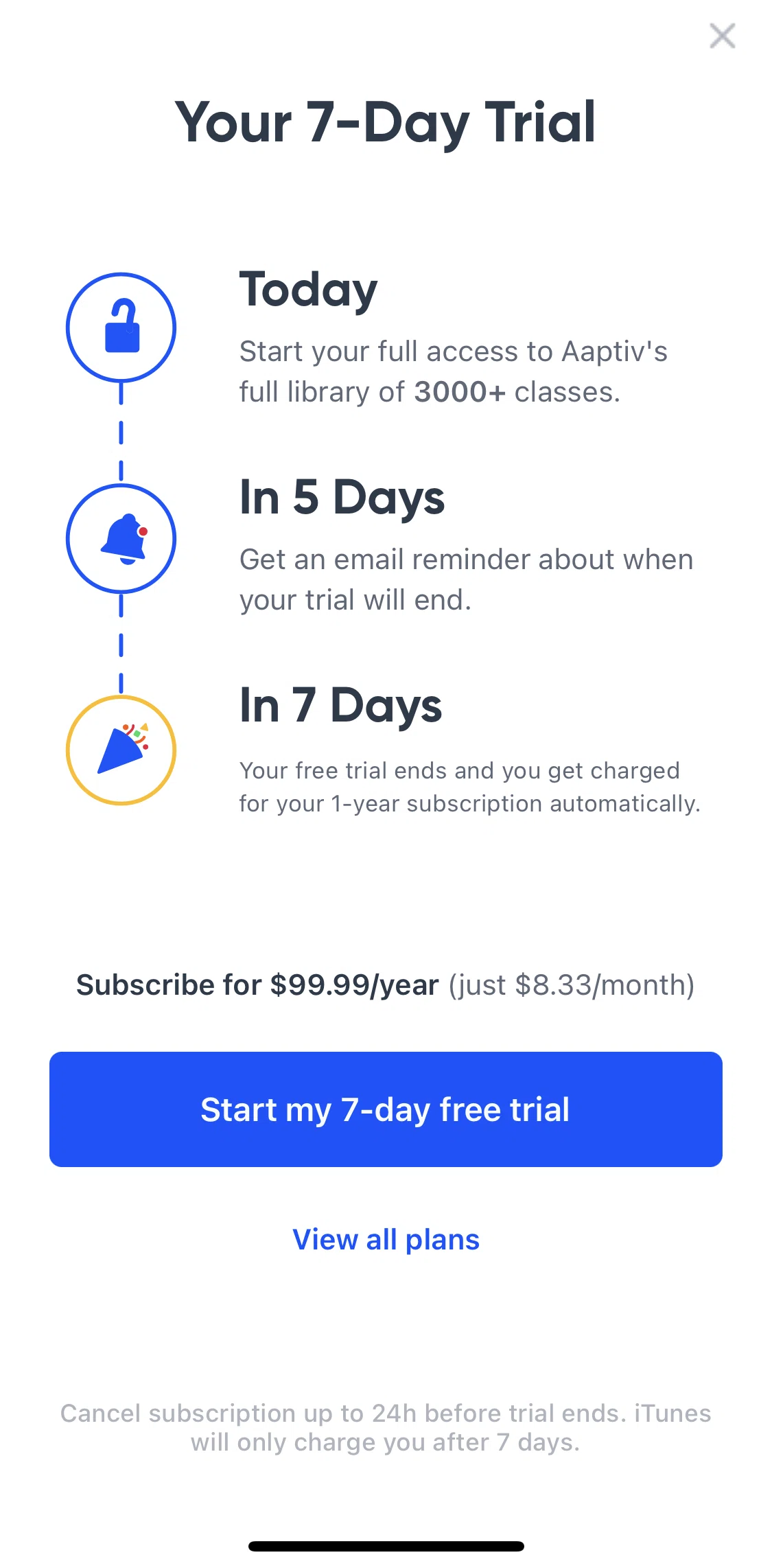Aaptiv Screen screen in the Subscribing to premium flow