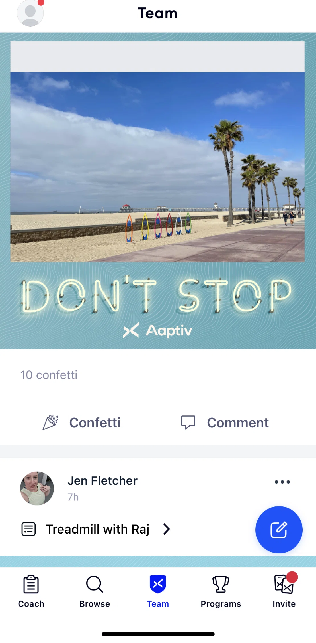 Aaptiv Screen screen in the Throwing confetti flow