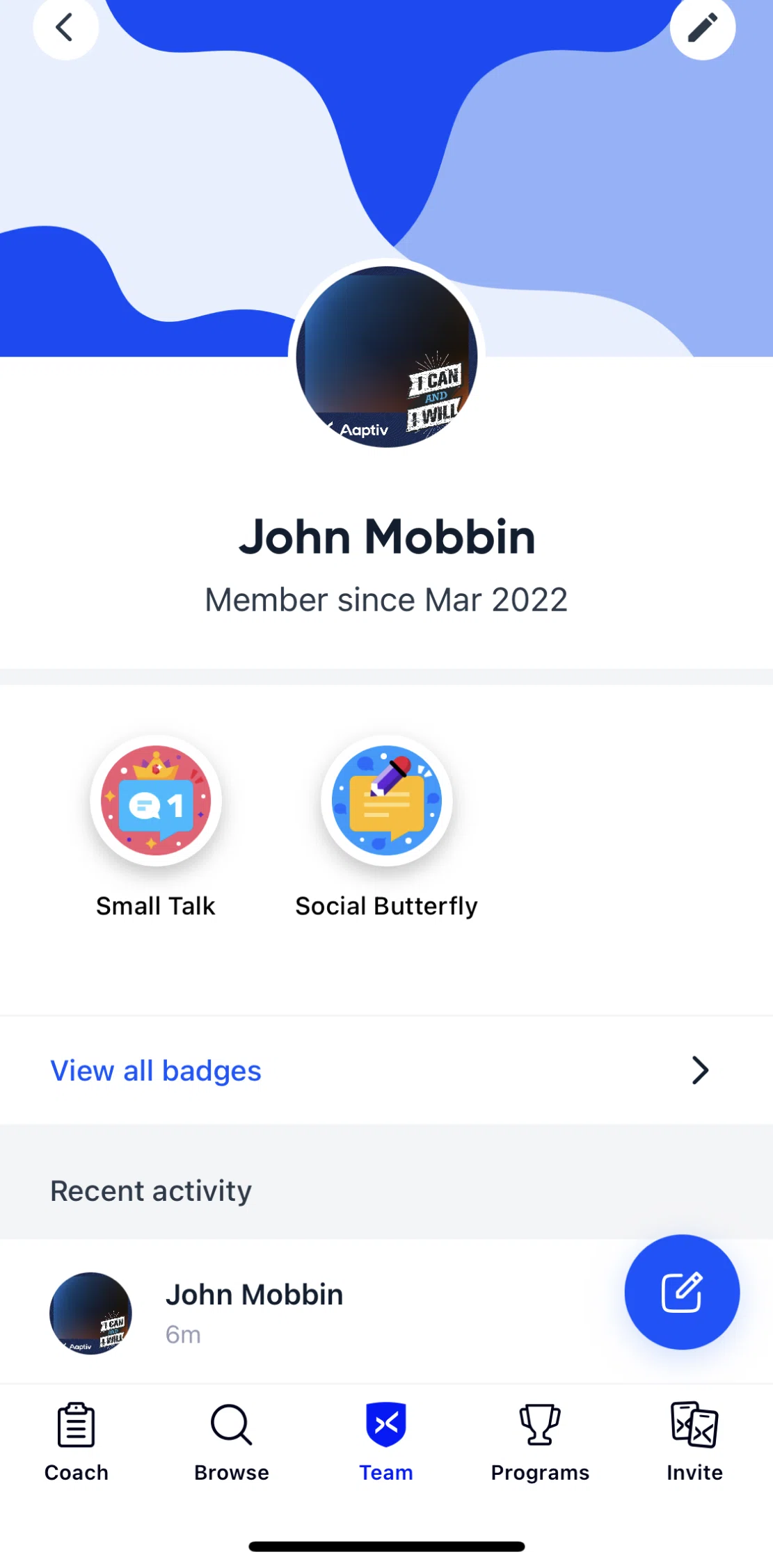 Aaptiv Screen screen in the View all my badges flow