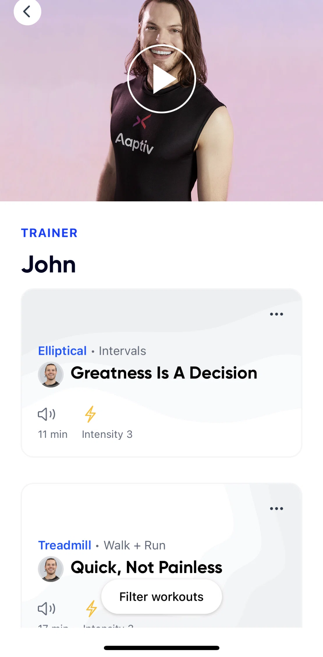 Aaptiv Screen screen in the Watching a trainer's intro video flow