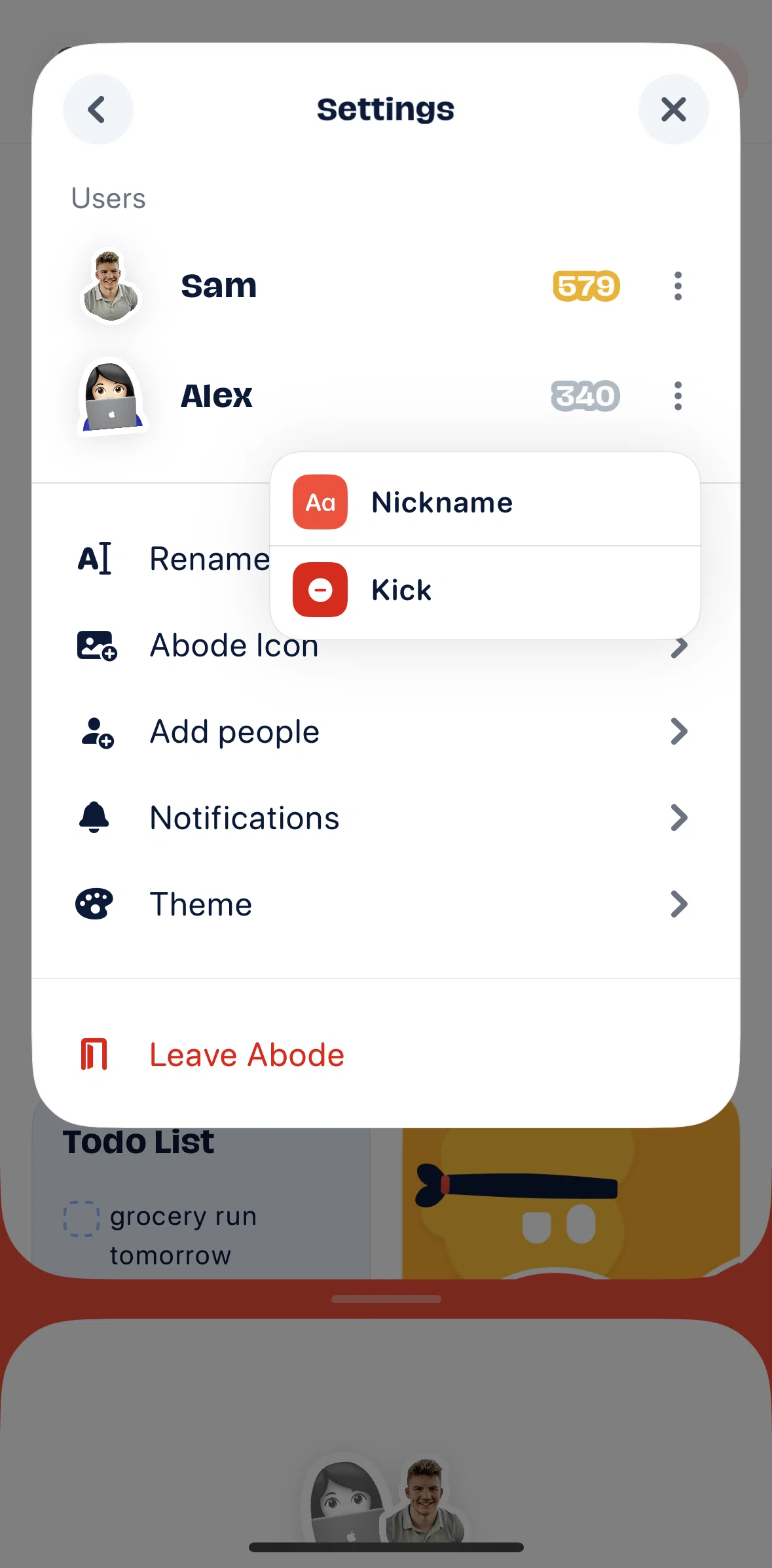 Abode Screen screen in the Removing a user flow
