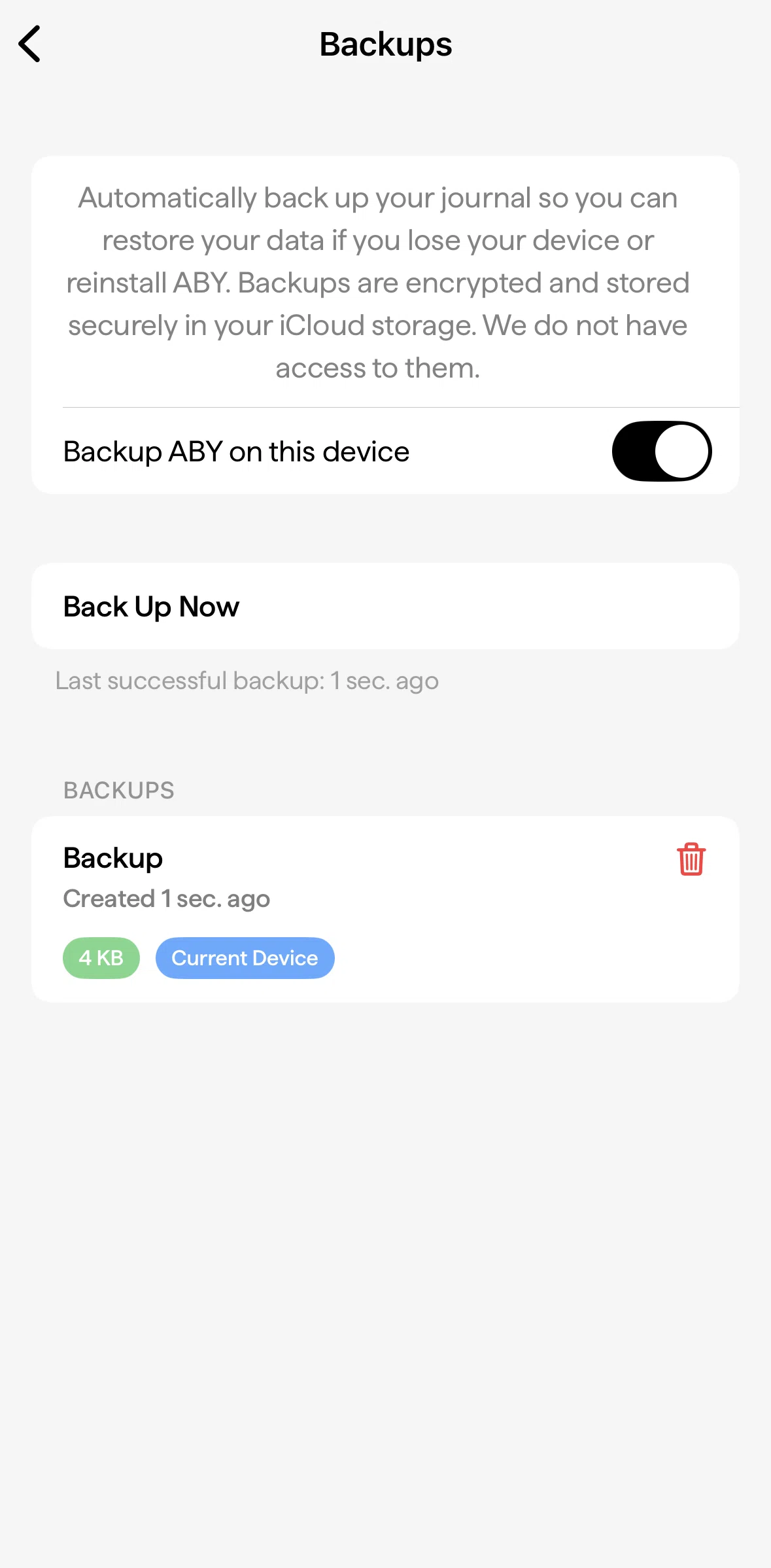 ABY Journal Screen screen in the Deleting a backup flow