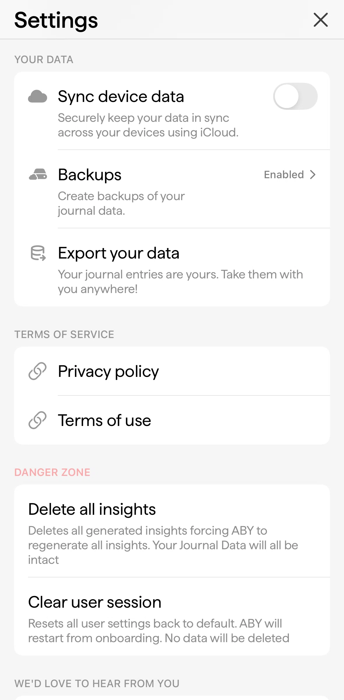 ABY Journal Screen screen in the Deleting user session flow