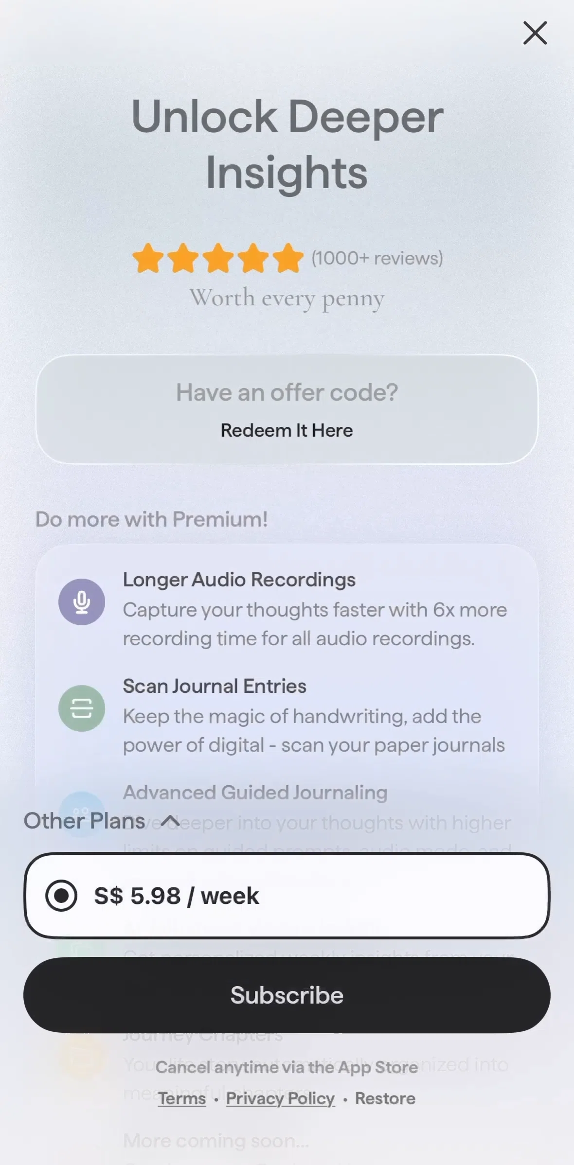 ABY Journal Screen screen in the Subscribing to ABY Journal Premium flow