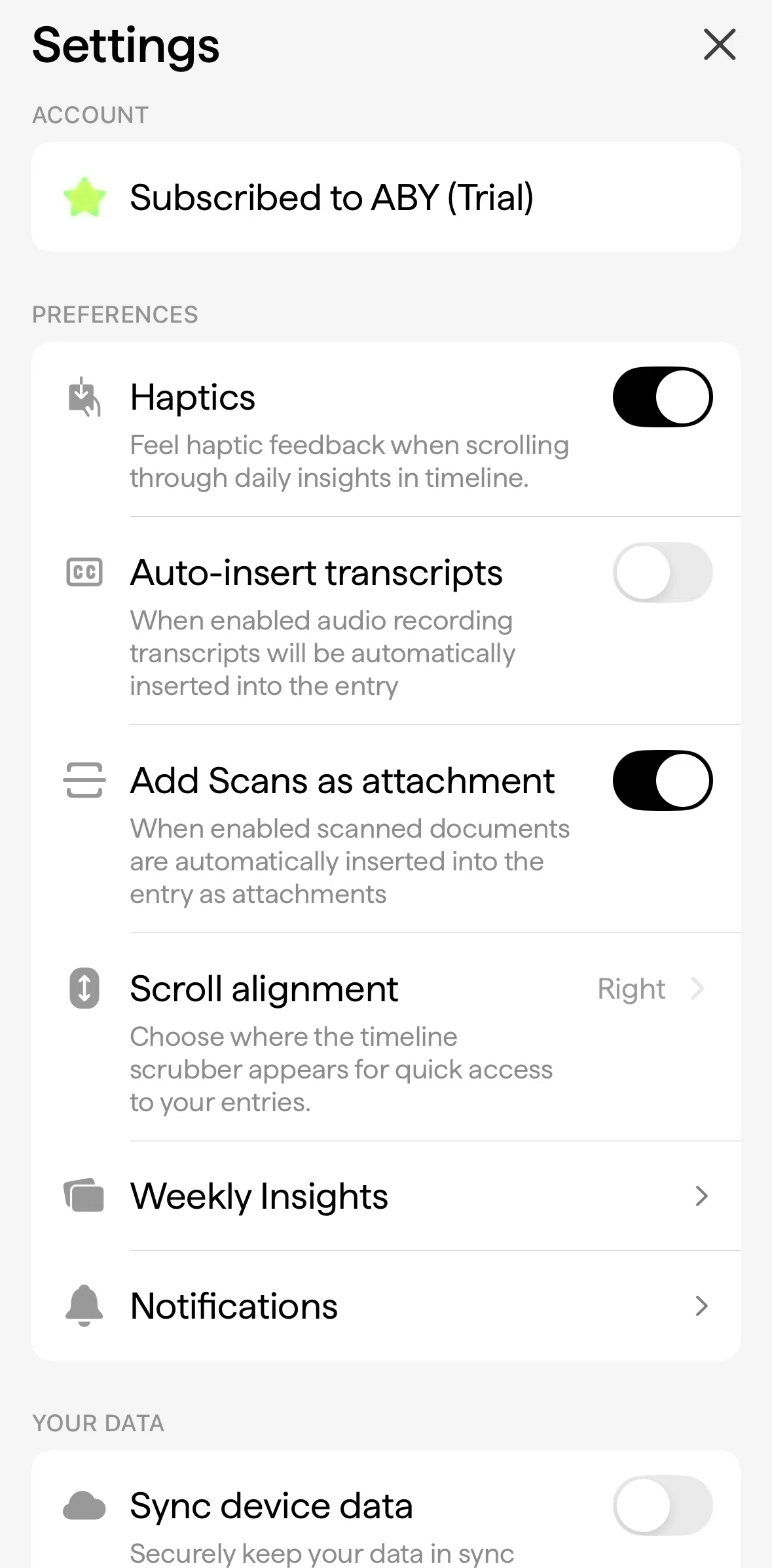 ABY Journal Screen screen in the Turning off weekly insights flow
