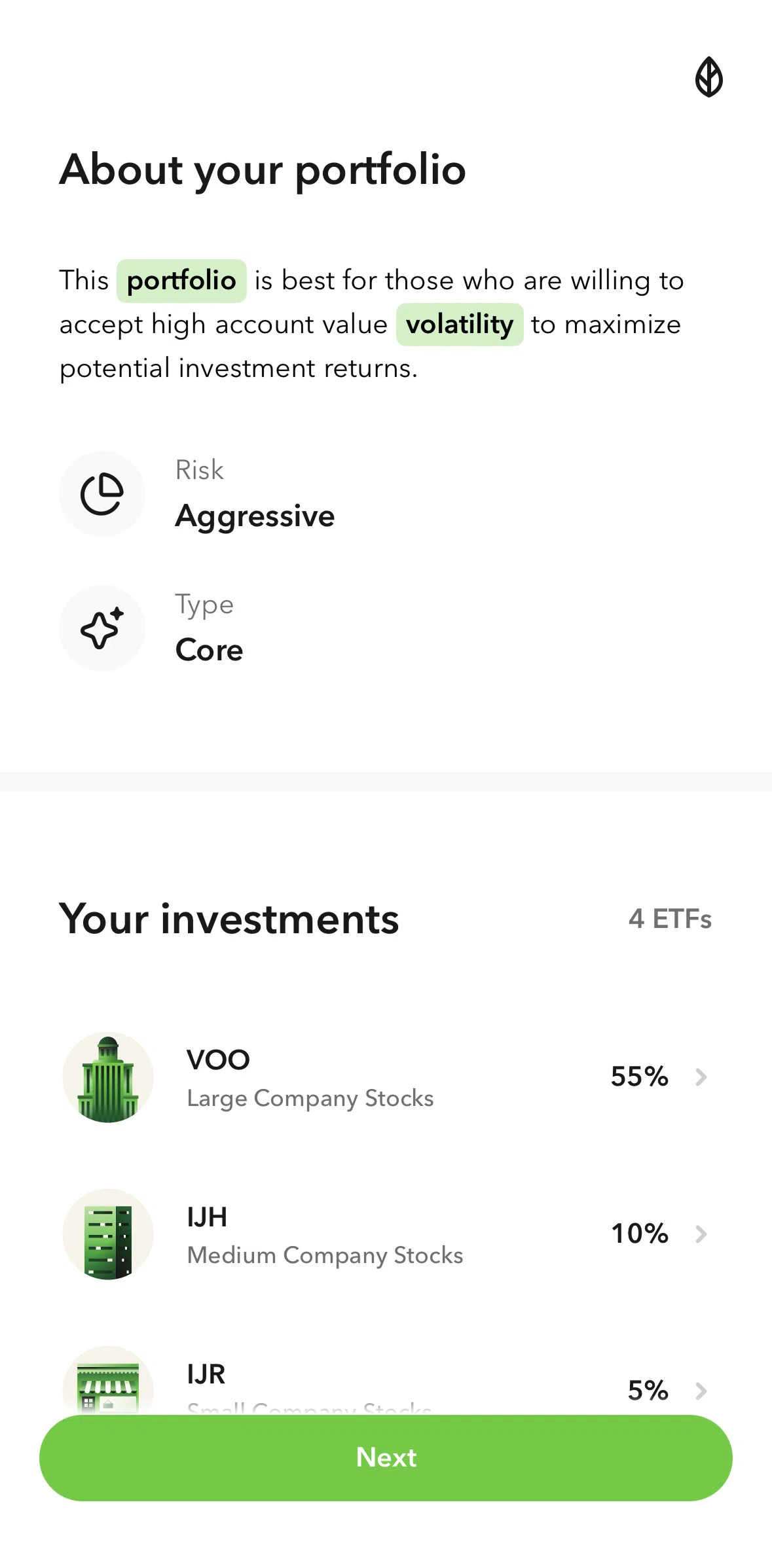 Acorns Screen screen in the About portfolio flow