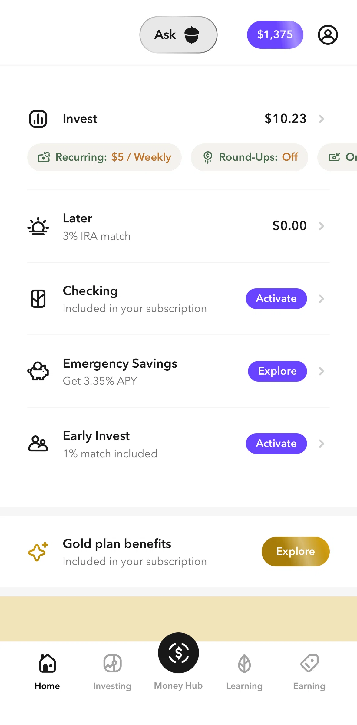 Acorns Screen screen in the Activating checking account flow