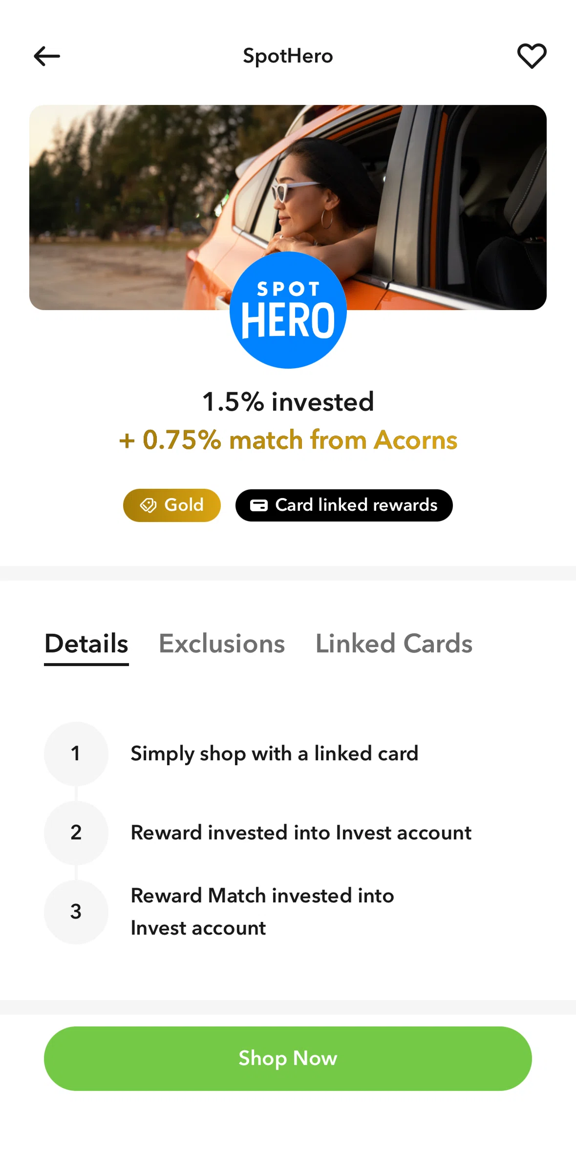 Acorns Screen screen in the Card linked rewards flow